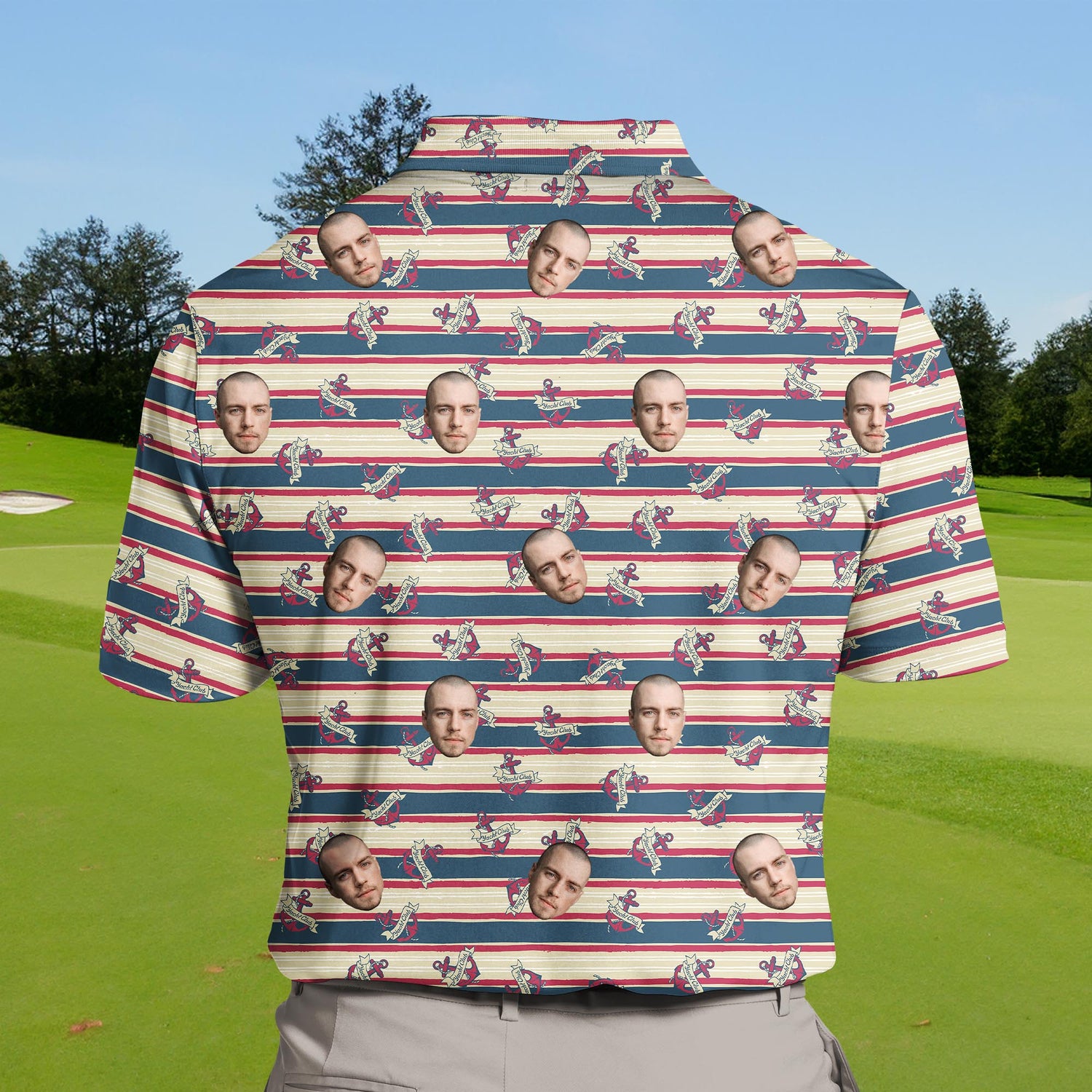 Team golf polos with faces on them showcasing vintage sailing designs.