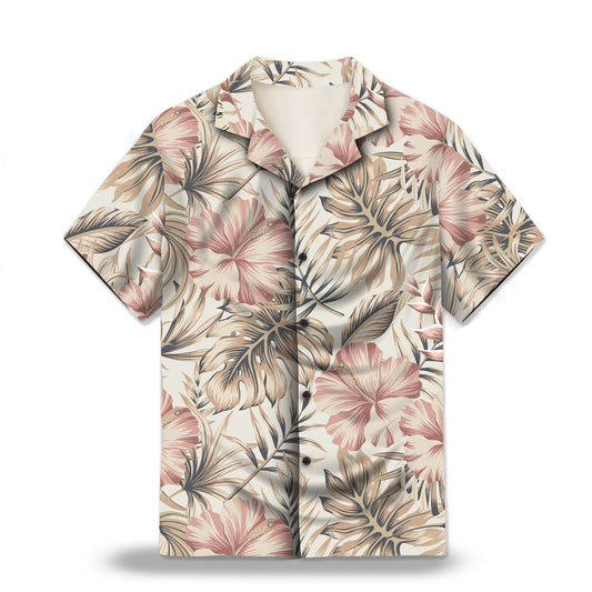 Image: Vintage Hibiscus Flowers Palm Leaves Custom Hawaiian Shirt. Classic design with hibiscus flowers and palm leaves in a vintage style. Perfect for a tropical getaway. Alt text for accessibility.