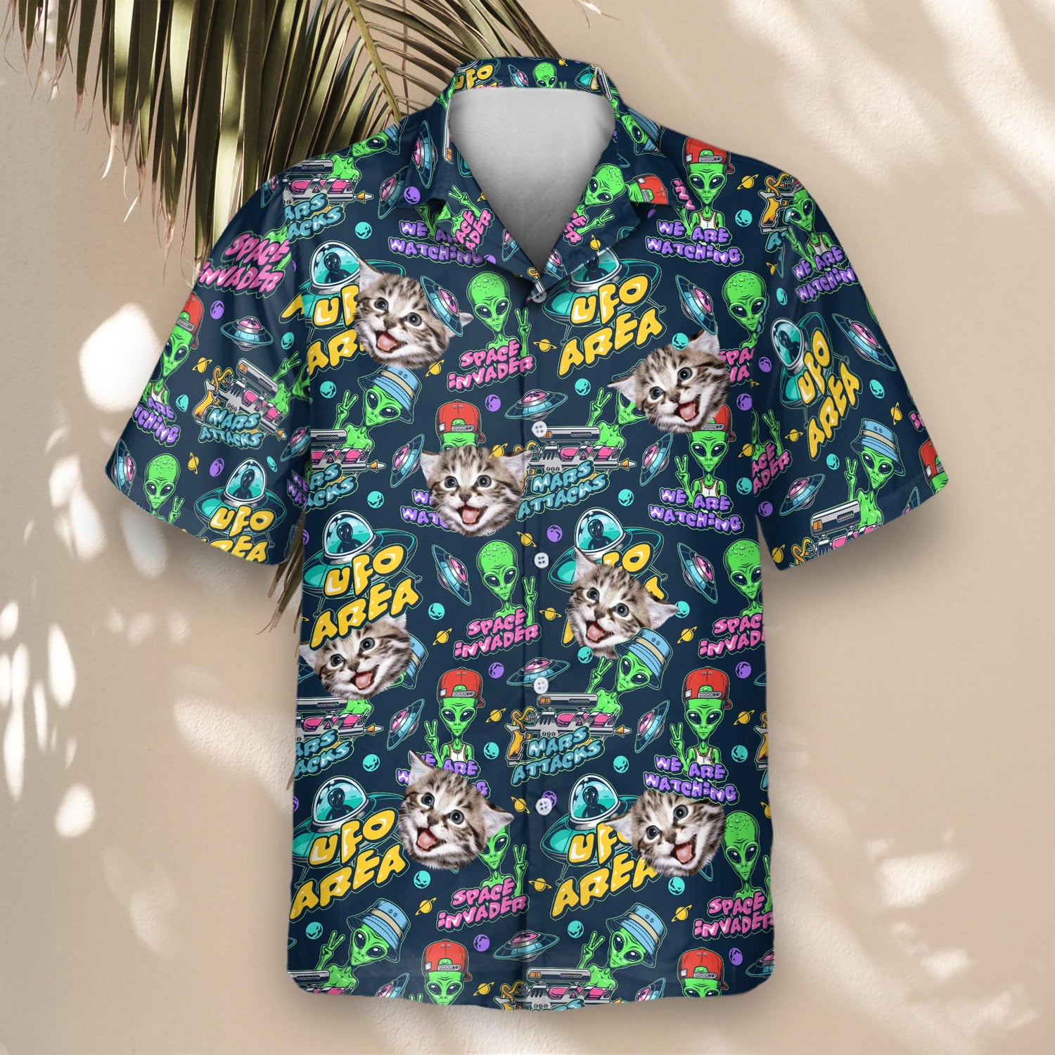 Custom Hawaiian shirts with faces on them, showcasing vibrant alien landscapes, flying saucers, and starry skies, designed for lightweight, wrinkle-resistant fun.