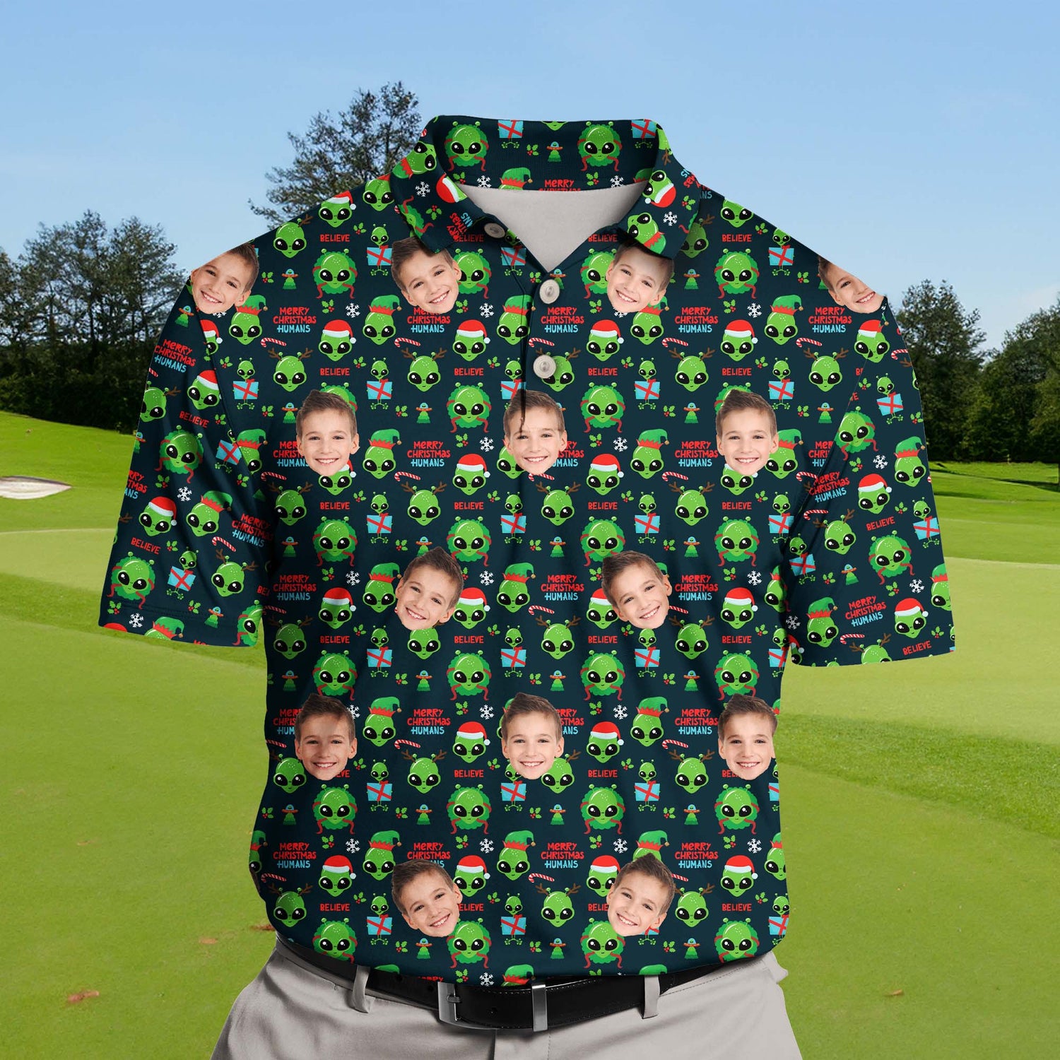 Close-up of funny golf shirts with faces on them, made from breathable cooling fabric.