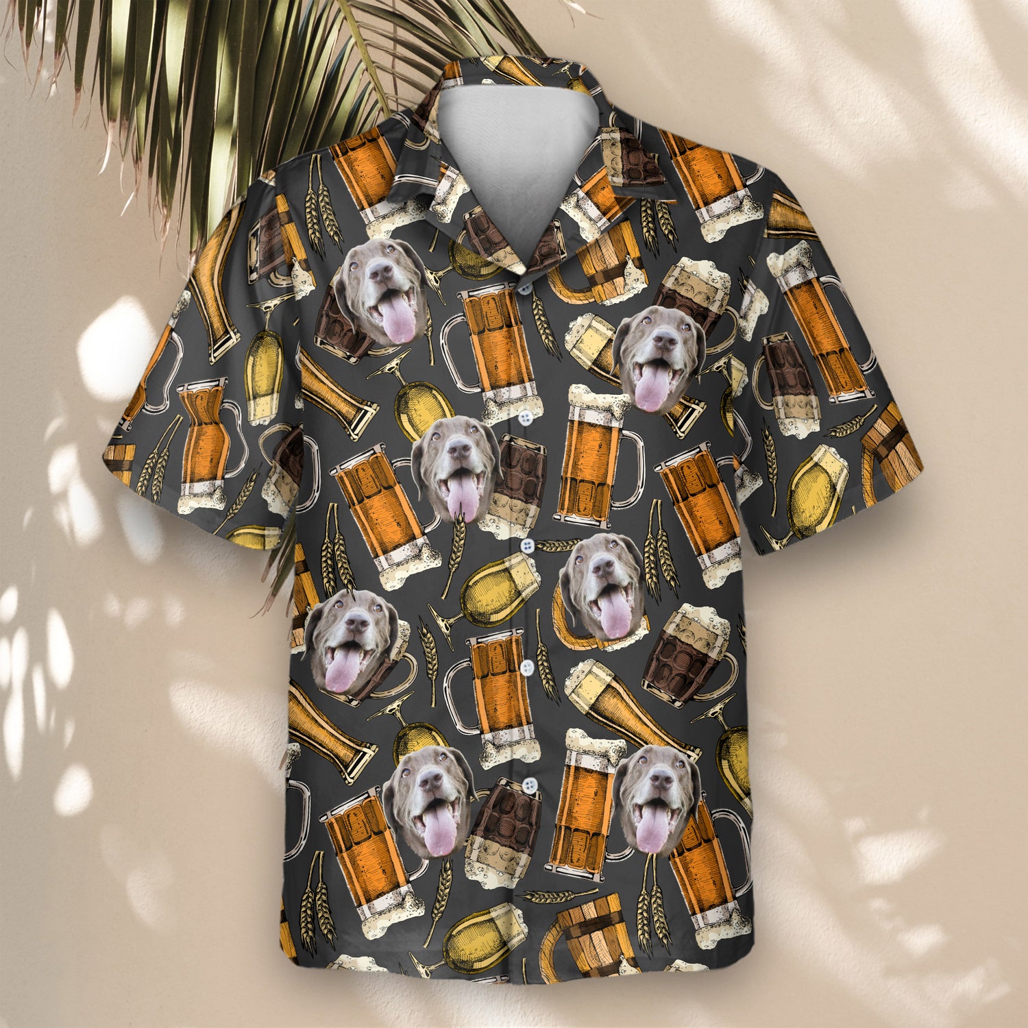 Custom Hawaiian shirts with faces on them, adorned with beer mugs and pints, blending fun designs and tropical comfort for any laid-back celebration.