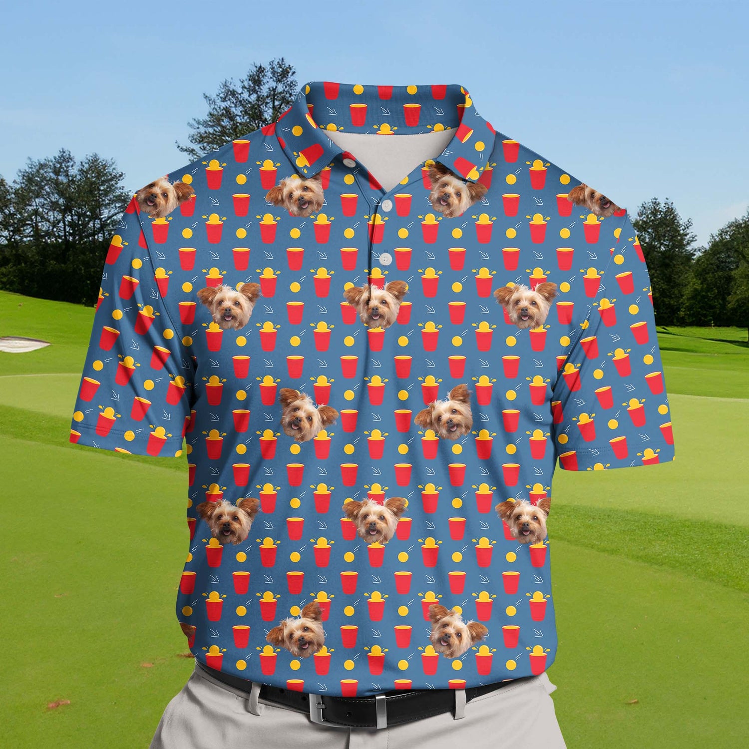 Fun Beer Pong design on funny golf shirts with faces on them, ideal for team events.
