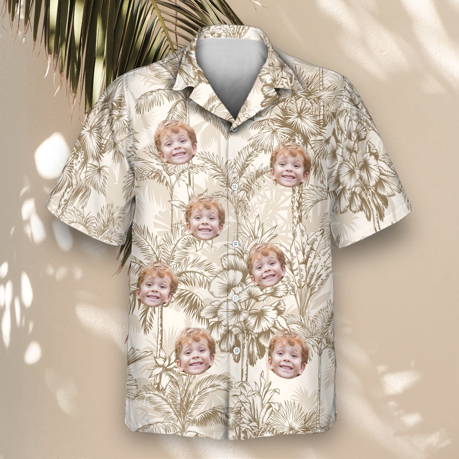Stay cool with custom Hawaiian shirts featuring palm trees and shirts with faces on them, offering a subtle, beige tropical vibe for casual occasions.