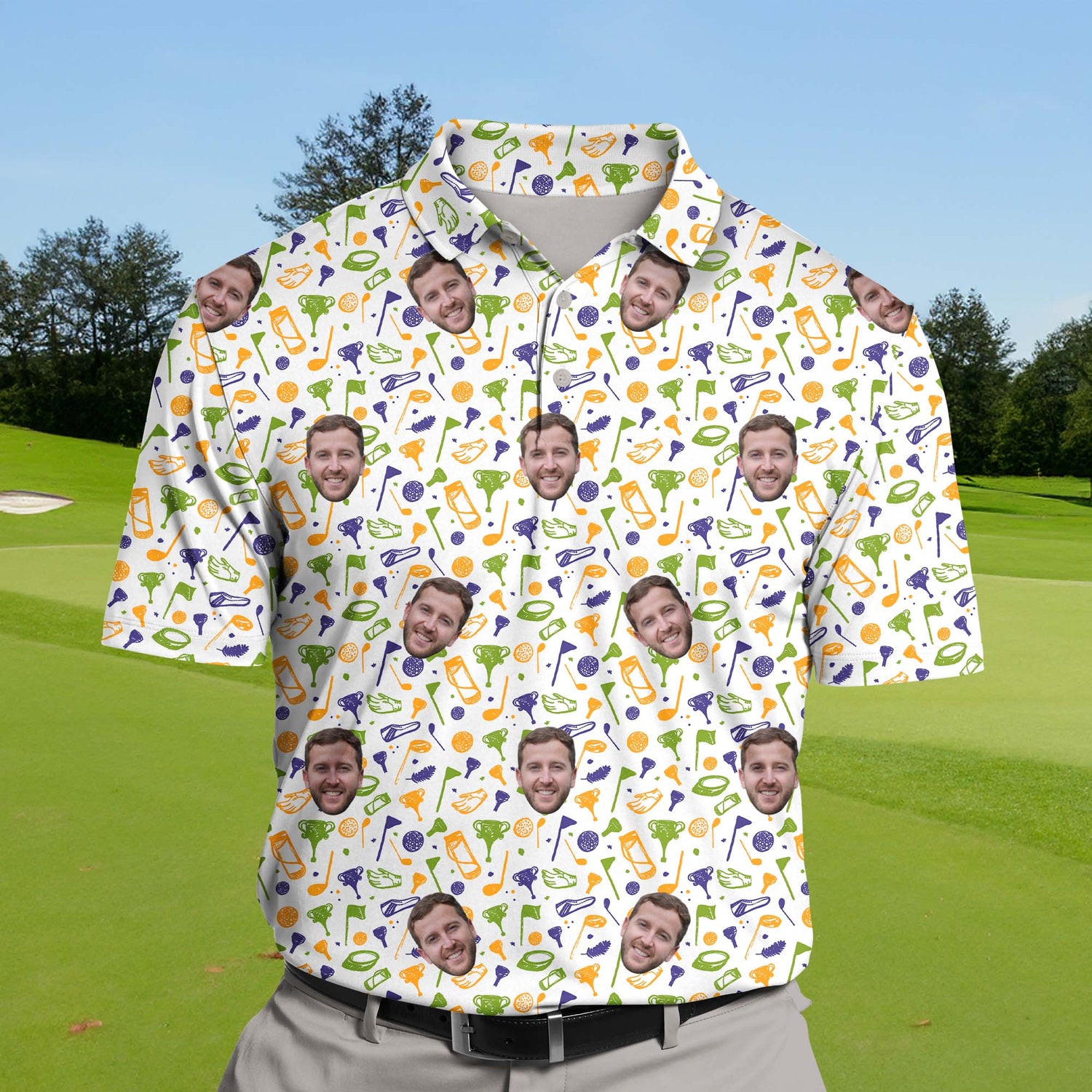 team golf polos with humorous graphics and logos.