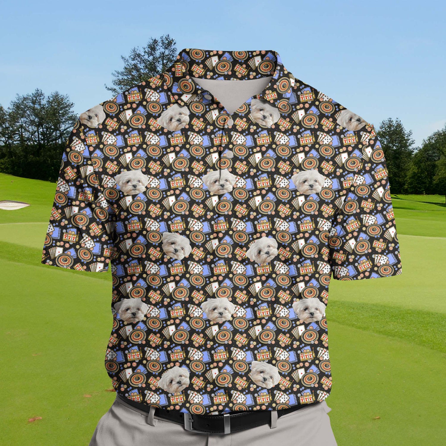 Unique funny golf shirts with faces on them, made from breathable cooling fabric.