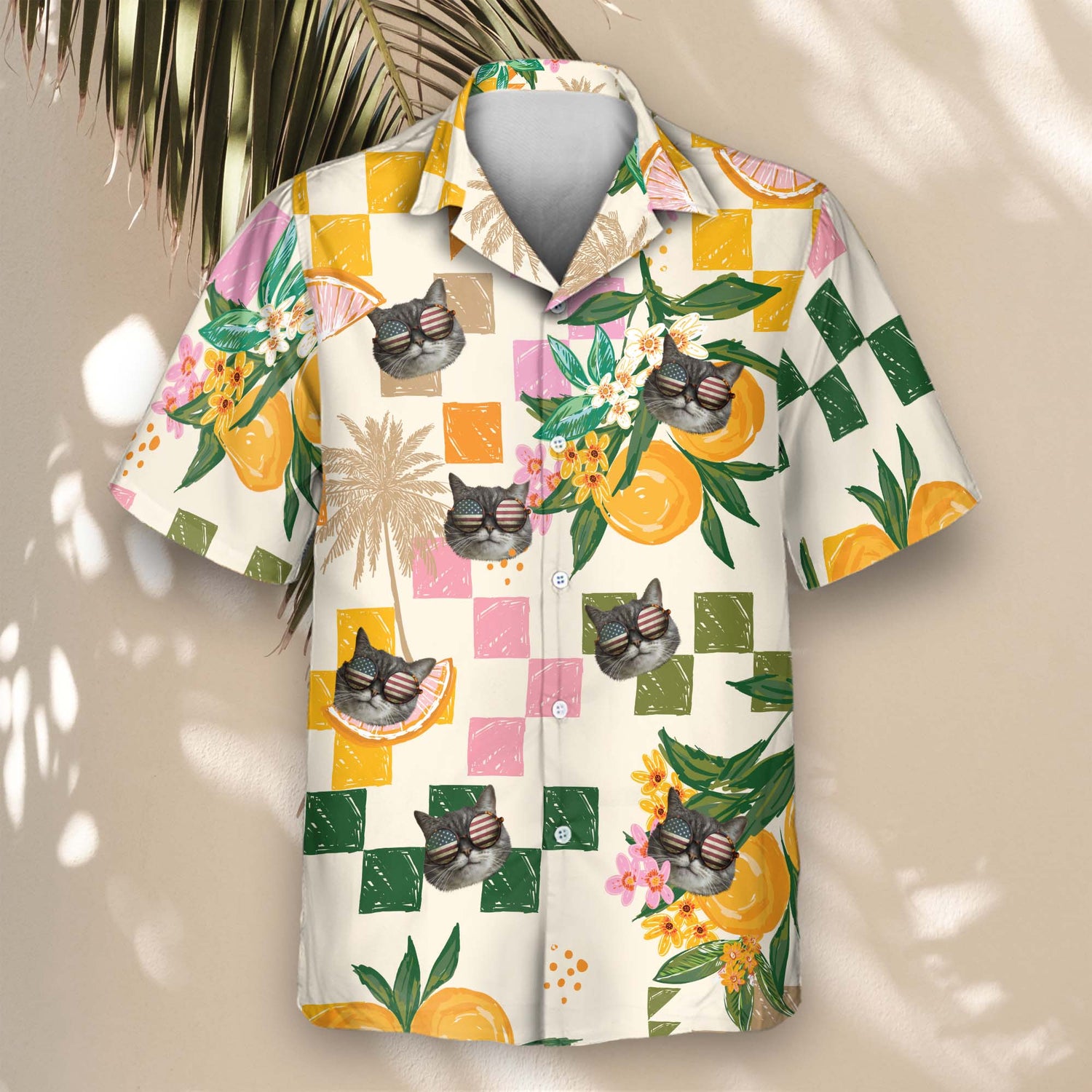 Fresh and fun custom Hawaiian shirts with faces on them, featuring vibrant citrus fruits and tropical leaves, perfect for adding a fruity vibe to your wardrobe.