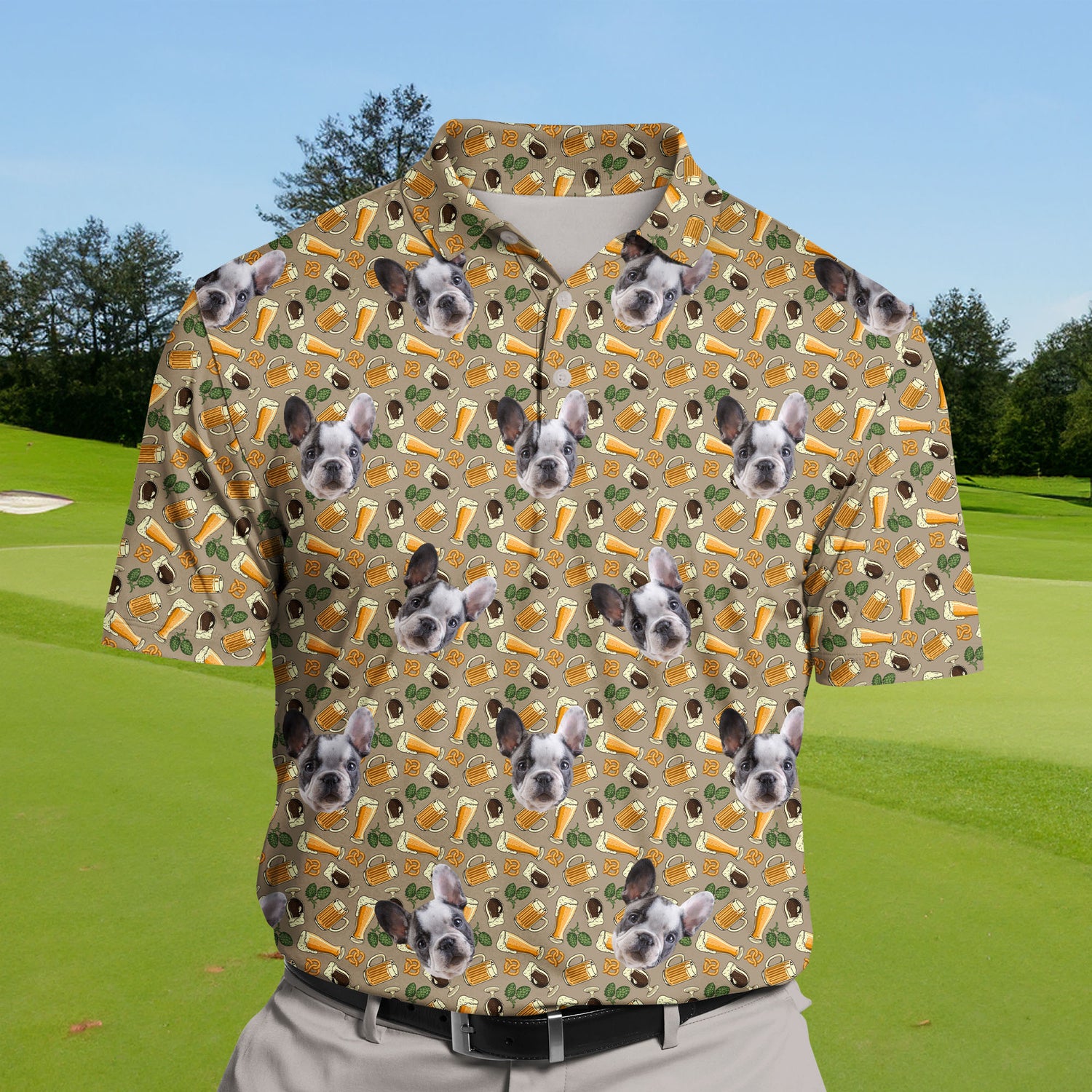 Big and tall sizes available in funny golf shirts with faces on them.