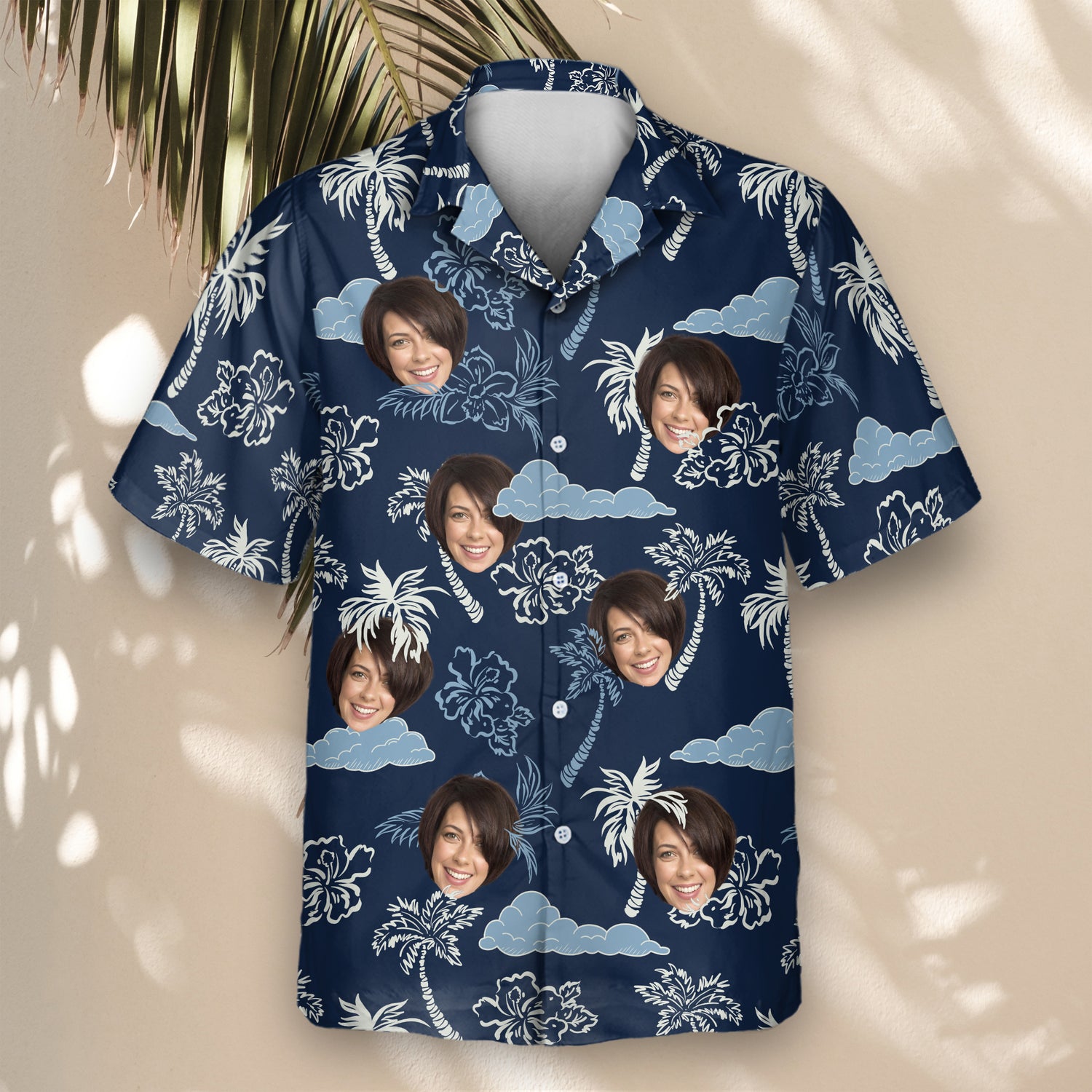 Bright custom Hawaiian shirts with faces on them, showcasing vibrant palm trees and seamless foliage patterns. Great for casual summer and beach days.