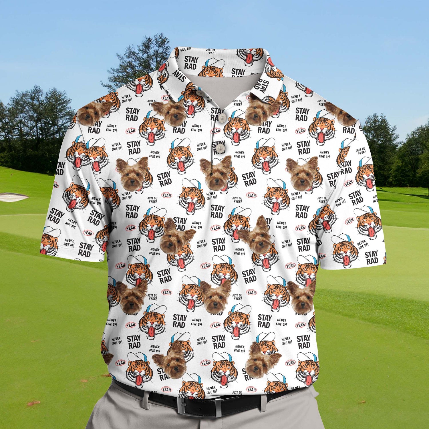 Personalized funny golf shirts with faces on them in cheerful jungle theme.