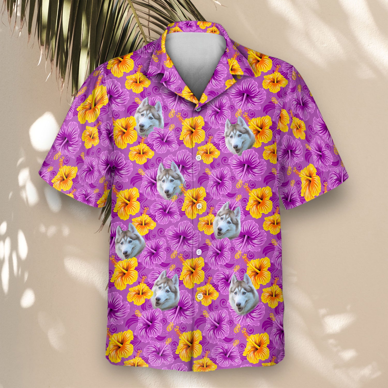 Lush island-themed Hawaiian shirts with faces on them, featuring an enchanted hibiscus garden print.