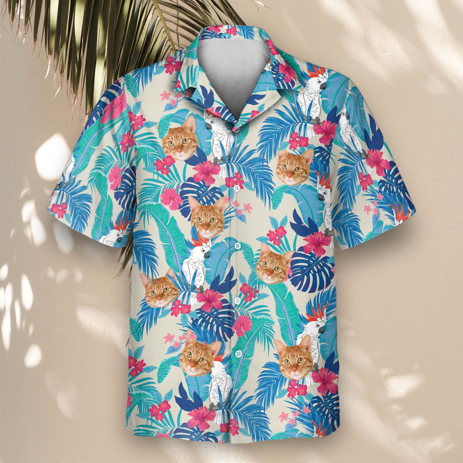 Bright and bold custom Hawaiian shirts with exotic birds, palm leaves, and floral accents—unique shirts with faces on them for a tropical getaway.