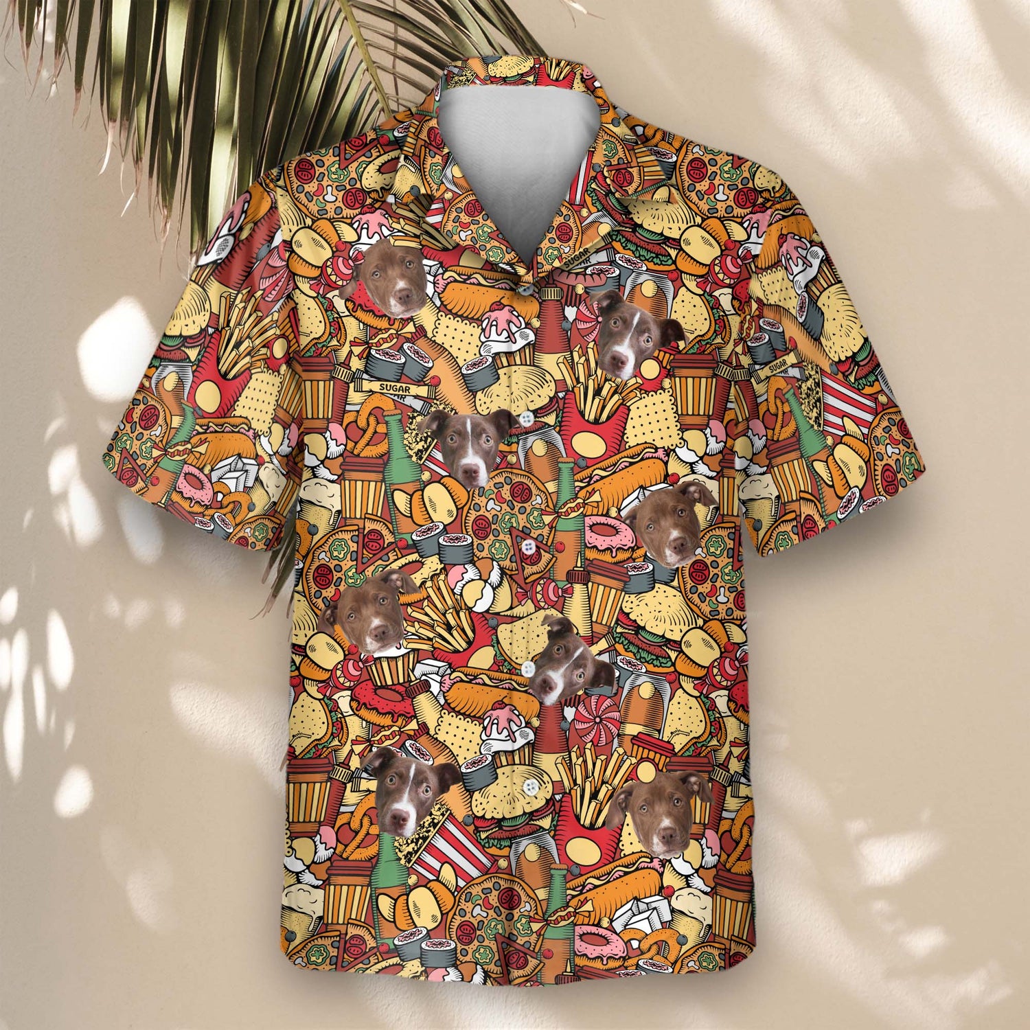 A fun and vibrant Fast Food Party Custom Hawaiian Shirt featuring delicious food designs like burgers, fries, cheese, lettuce, and refreshing drinks. Perfect for food lovers, this shirt combines a casual, summer vibe with tasty meal-inspired artwork, making it ideal for parties, festivals, and casual outings.