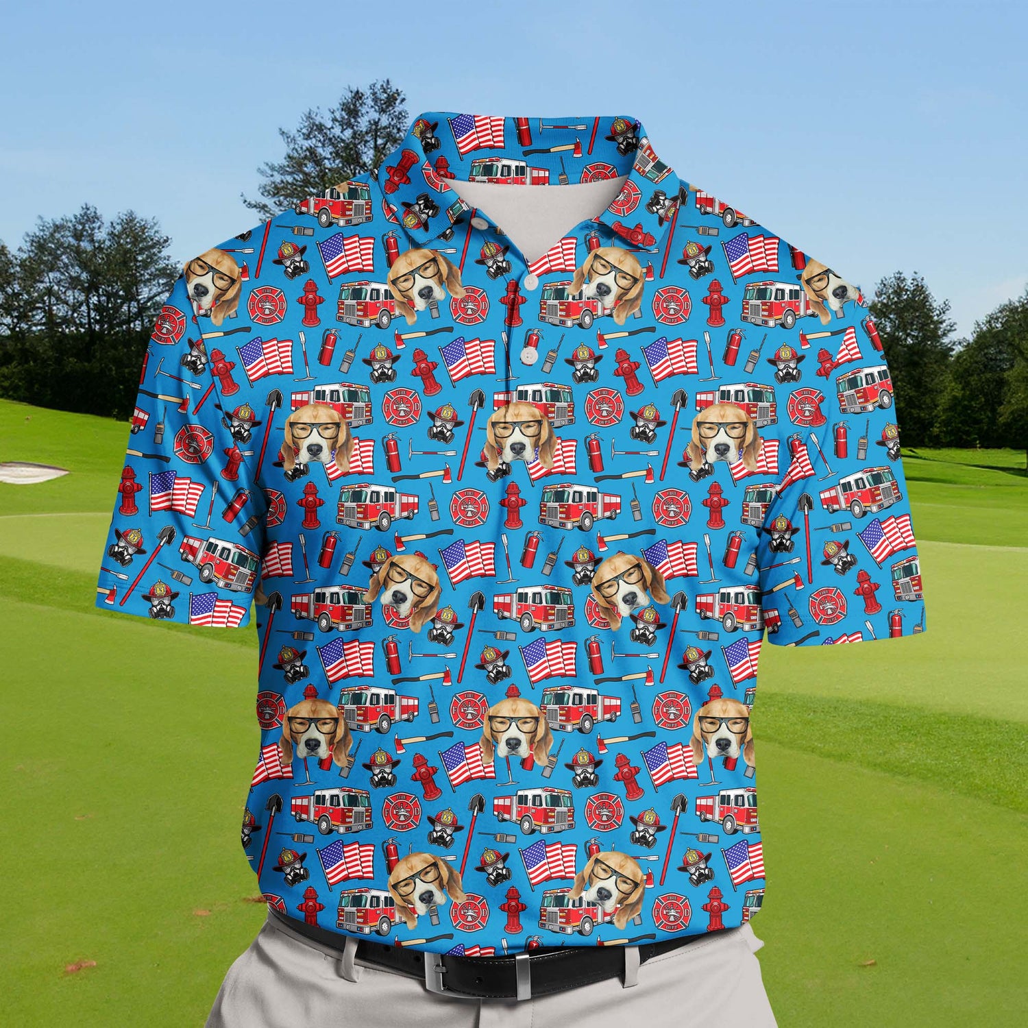 Humorous firefighter gear displayed on funny golf shirts with faces on them.