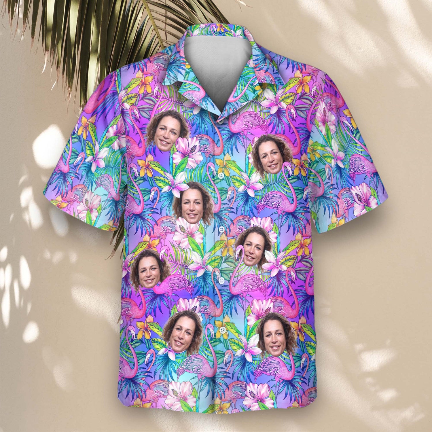 Celebrate tropical vibes in Flamingo Breeze Custom Hawaiian Shirts with Faces or Logos, featuring flamingos, hibiscus, and palm trees.