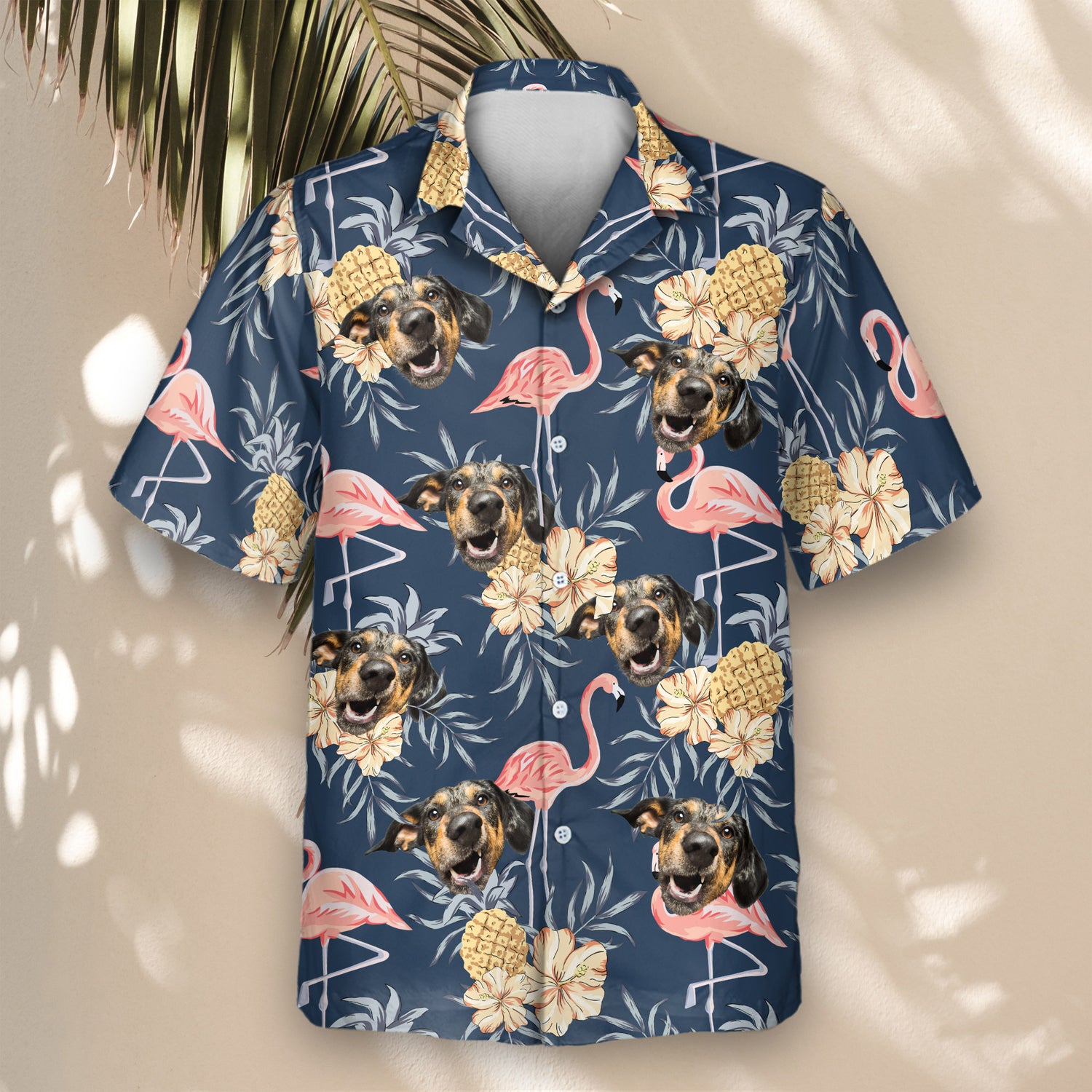 Fun and vibrant custom Hawaiian shirts with faces on them, featuring flamingos, hibiscus, and pineapples on a navy backdrop, ideal for laid-back tropical occasions.