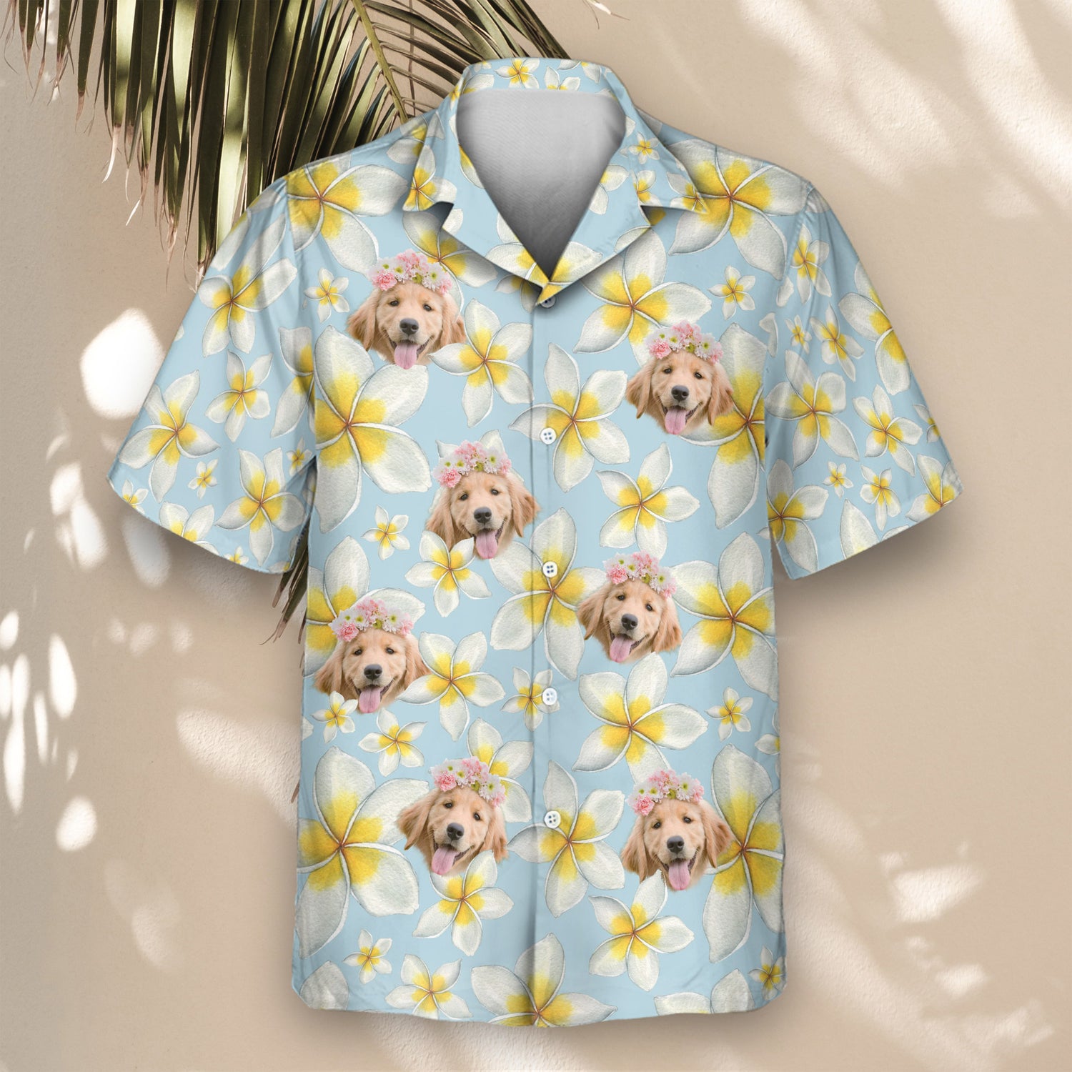 Custom Hawaiian shirts with frangipani flowers and shirts with faces on them, offering a vibrant, tropical design perfect for summer parties and laid-back events.