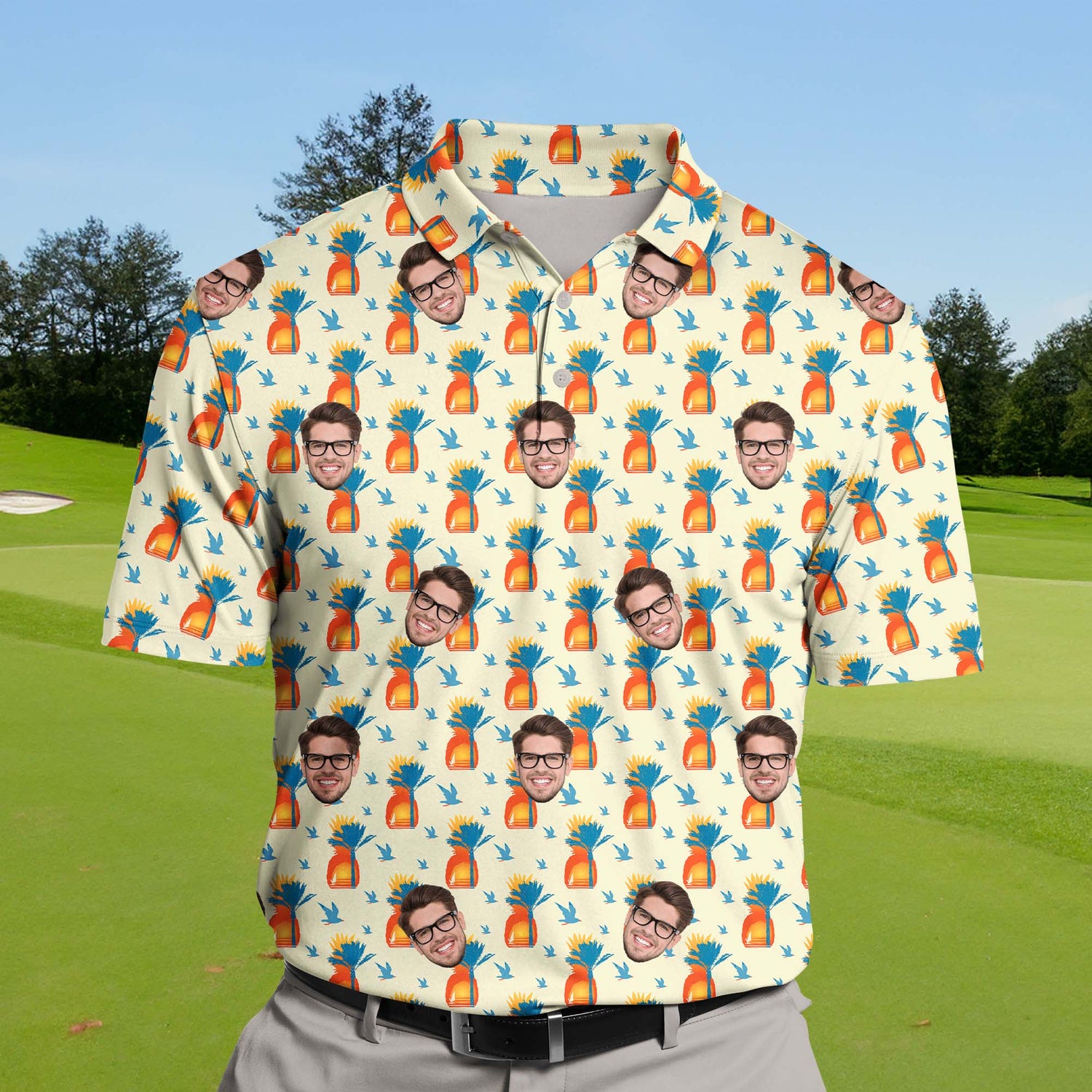 Stunning ocean sunset imagery on funny golf shirts with faces to express your style.