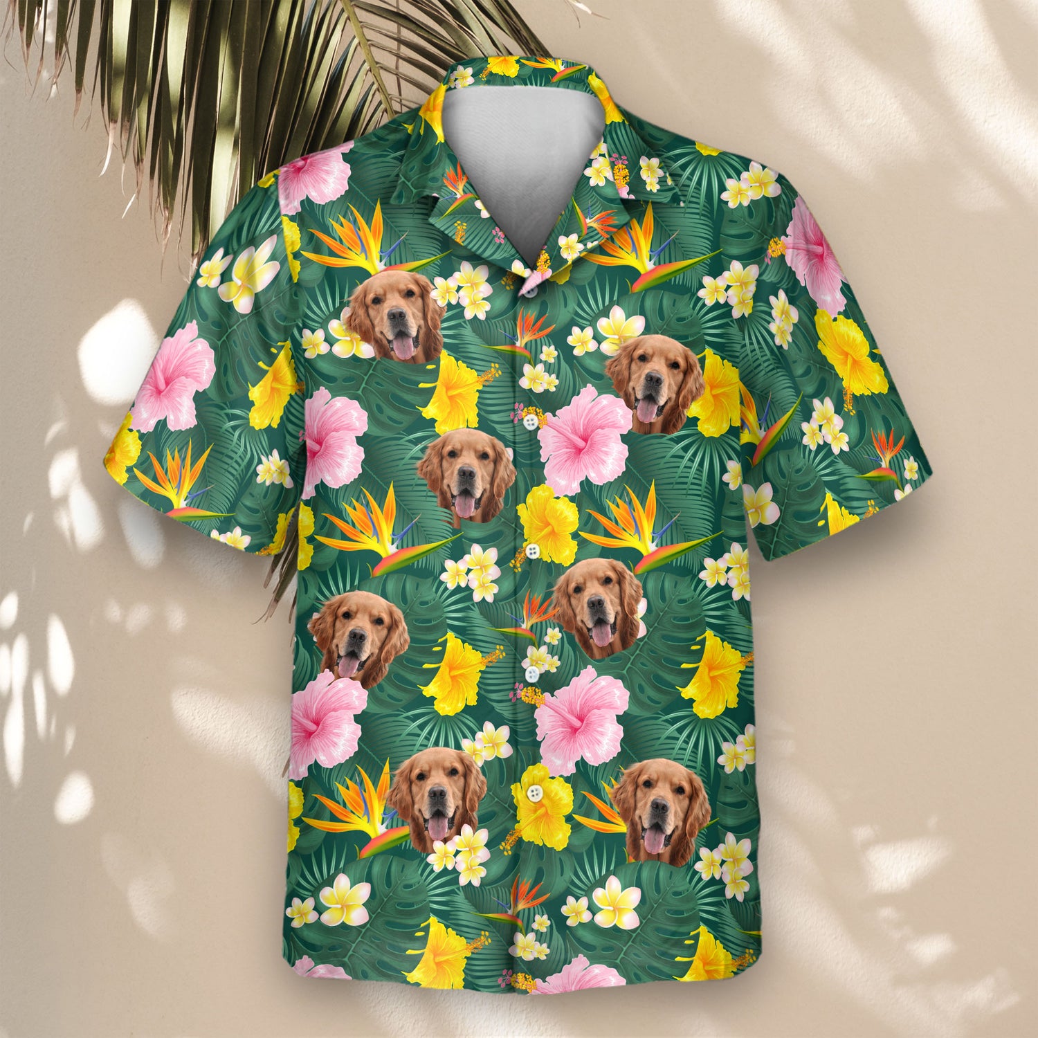 Tropical-themed custom Hawaiian shirts with faces on them, adorned with vivid floral patterns, palm leaves, and breathable fabric for a cool, island-ready style.