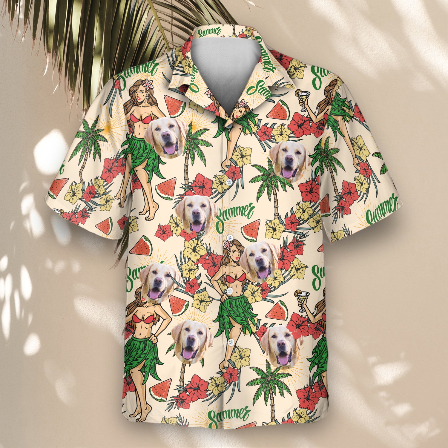 Custom Hawaiian shirts with red hibiscus, palm trees, and shirts with faces on them, perfect for standing out with tropical vibes at your next beach party.