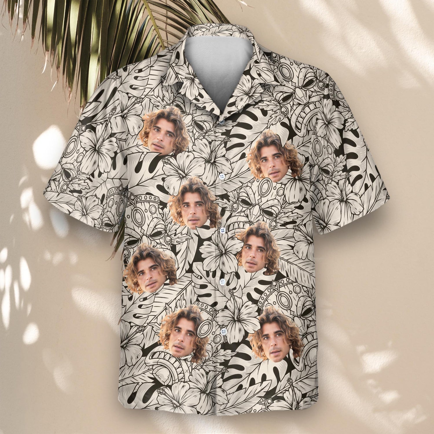 Stand out with custom Hawaiian shirts featuring Tiki masks and shirts with faces on them, offering stylish island vibes in sleek black and ivory tones.
