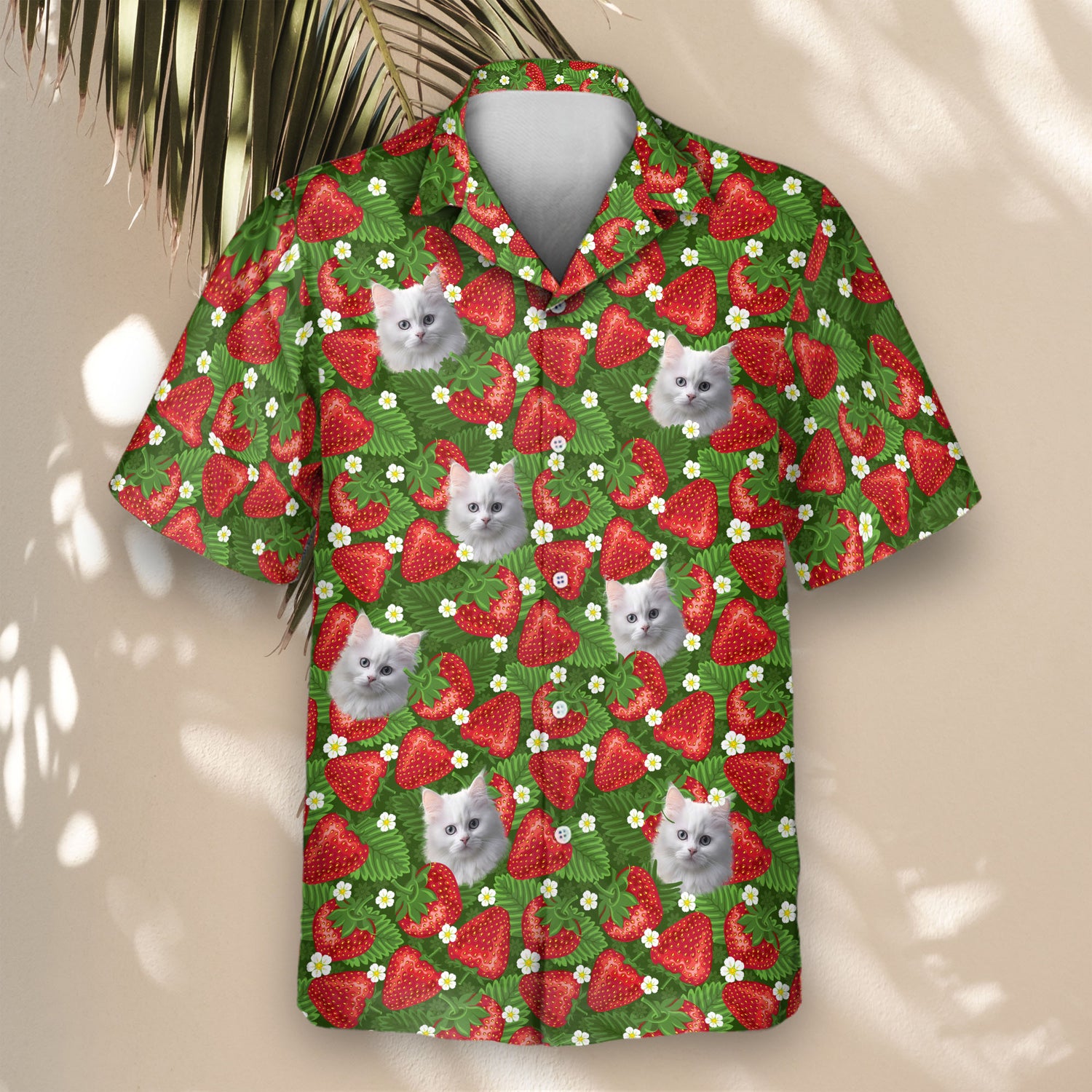 Tropical-inspired custom Hawaiian shirts with faces on them, featuring red strawberries, green leaves, and white flowers, ideal for beach vacations and summer.