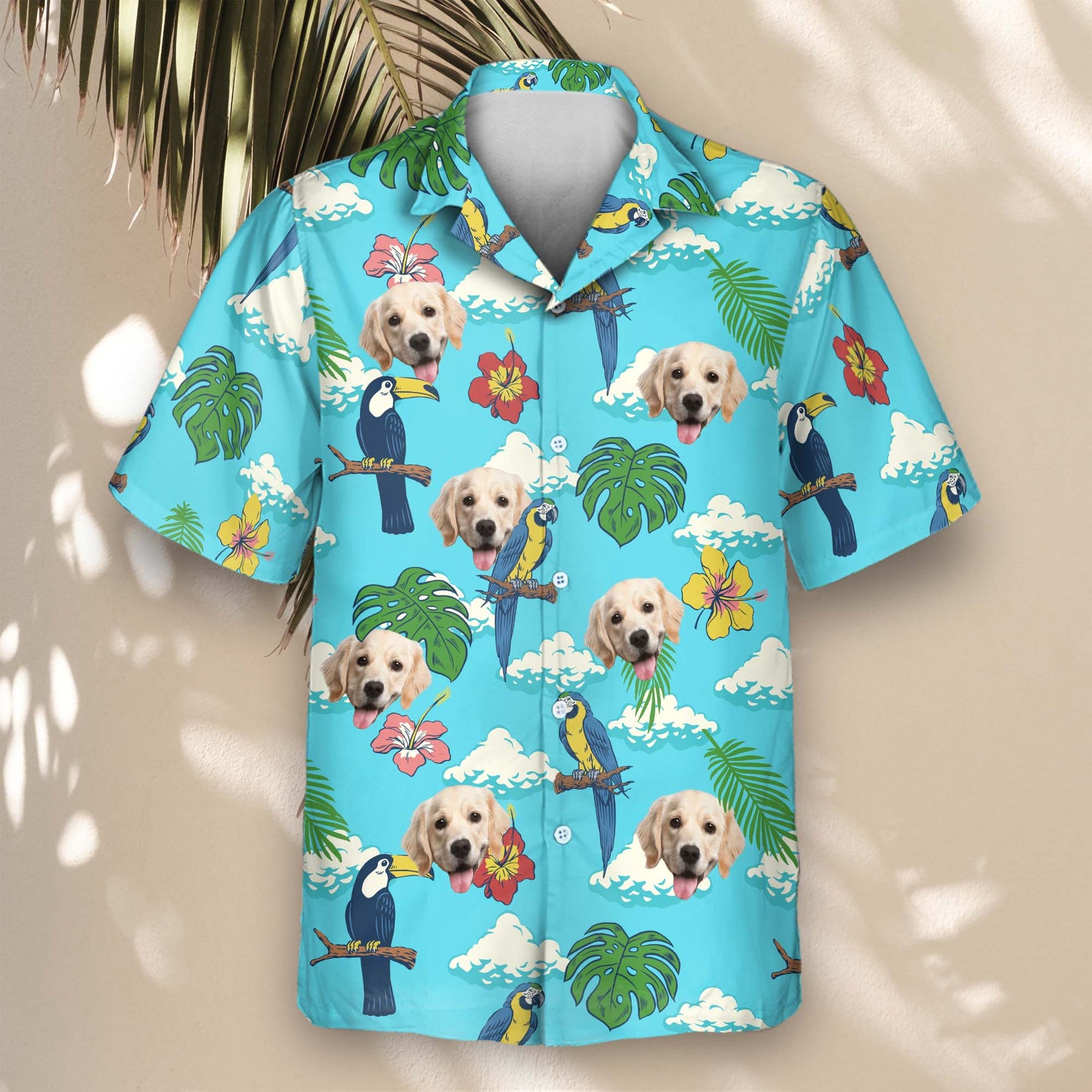 Bold and fun custom Hawaiian shirts with faces on them, featuring jungle birds, hibiscus flowers, and tropical scenery for a lively, stylish outfit.