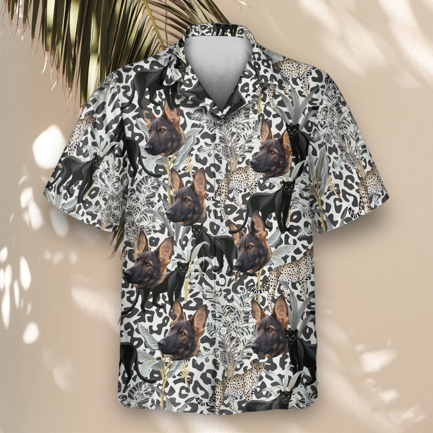 Tropical Custom Hawaiian Shirts with Faces or Logos, blending jungle wildlife, palm trees, and bold leopard patterns for a unique style.