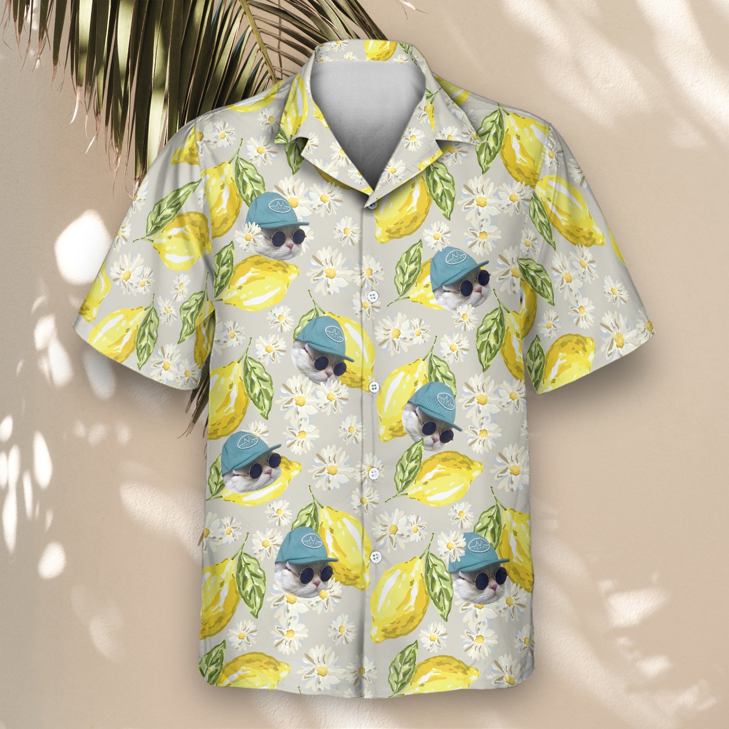 Fun custom Hawaiian shirts with lemons, daisies, and shirts with faces on them, capturing Italian charm on a sleek gray background for a bold, botanical style.