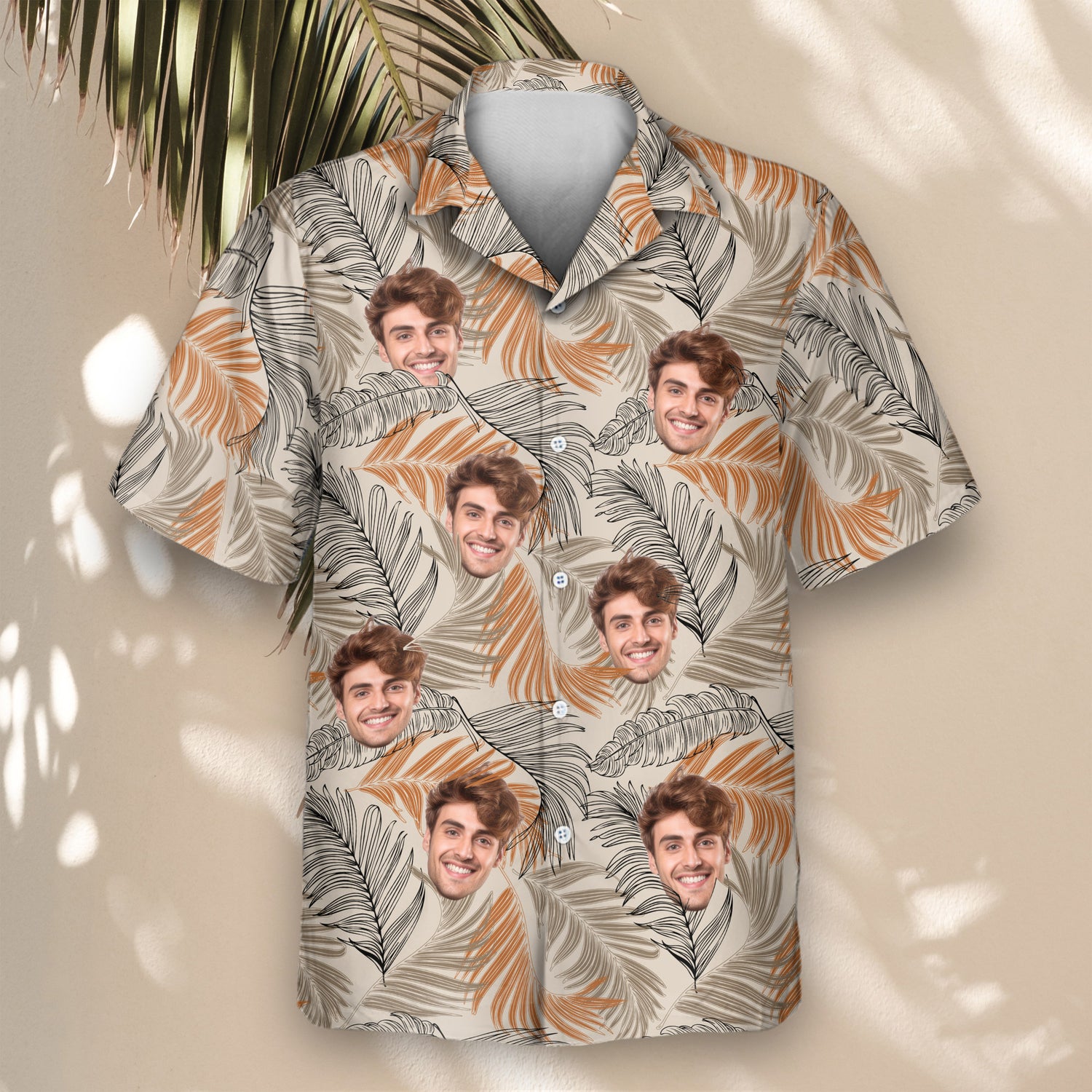 Lightweight custom Hawaiian shirts with faces on them, adorned with vibrant foliage, ideal for adding a tropical flair to any event or casual outing.