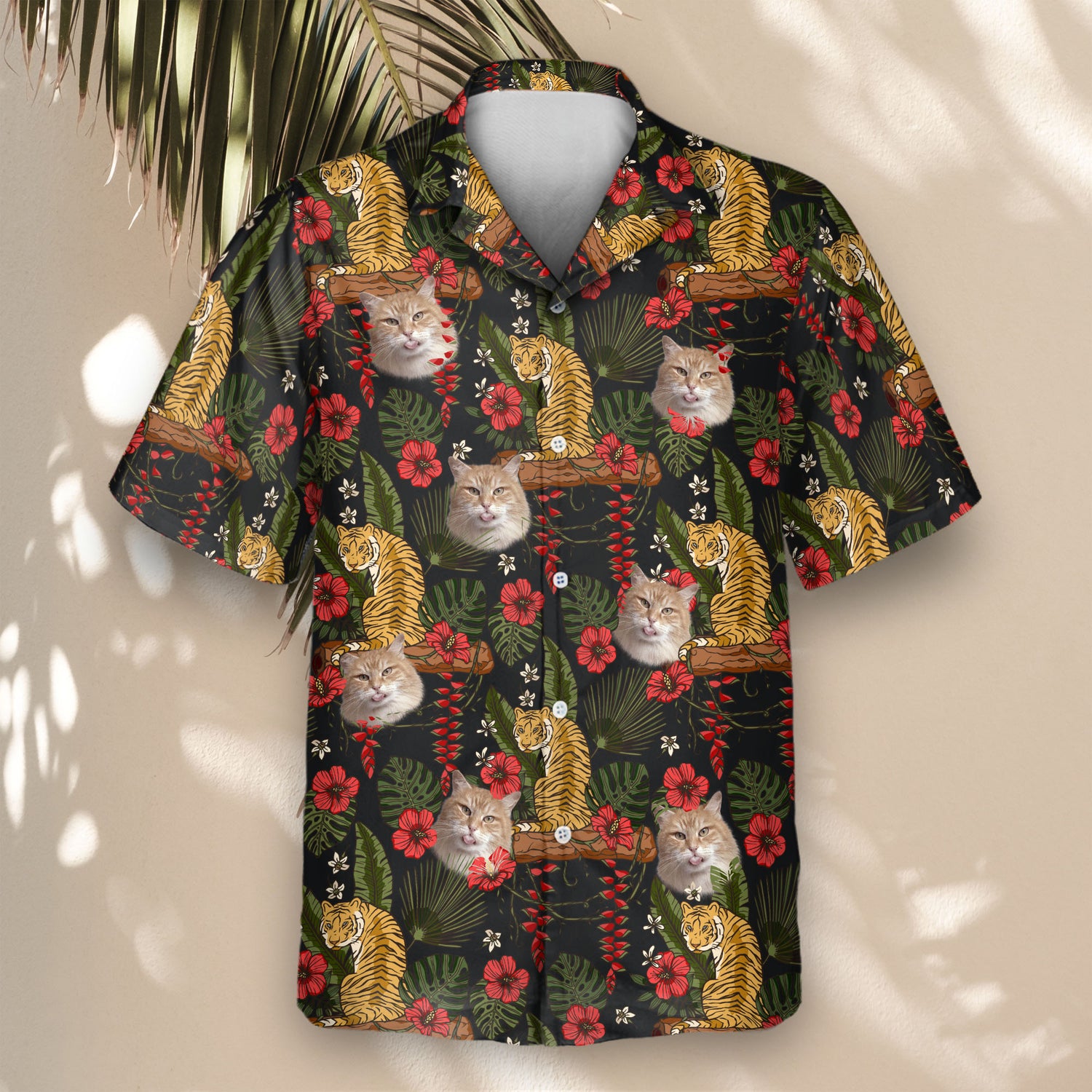 Stand out with custom Hawaiian shirts with faces on them, displaying a majestic tiger, lush tropical leaves, and vibrant red hibiscus on black.