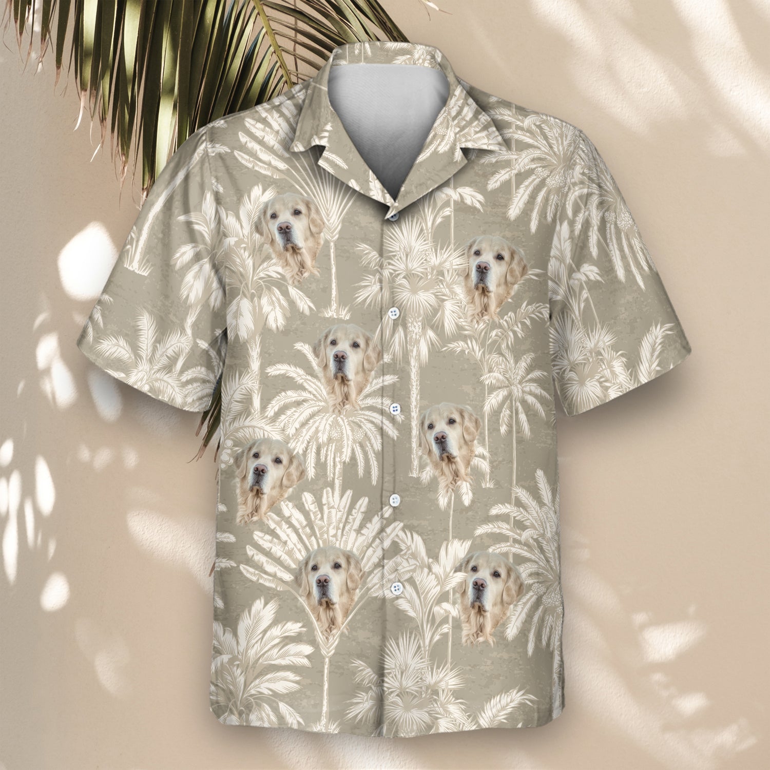 Timeless custom Hawaiian shirts with faces on them, adorned with subtle tropical tree designs in grey and ivory, ideal for bringing understated style to your wardrobe.