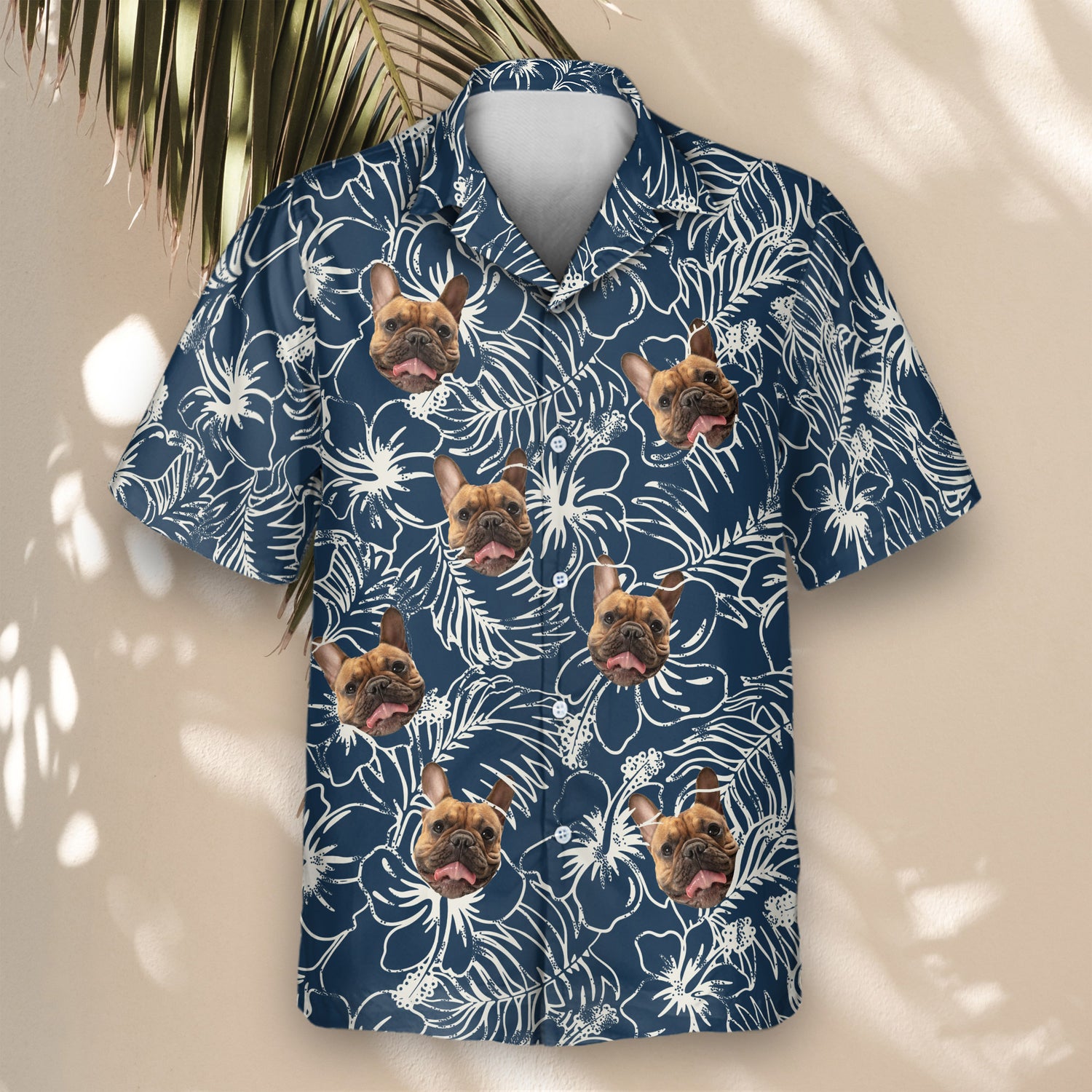 Tropical custom Hawaiian shirts with faces on them, adorned with intricate hibiscus flowers and plants in navy blue, ideal for sailing or relaxed gatherings.