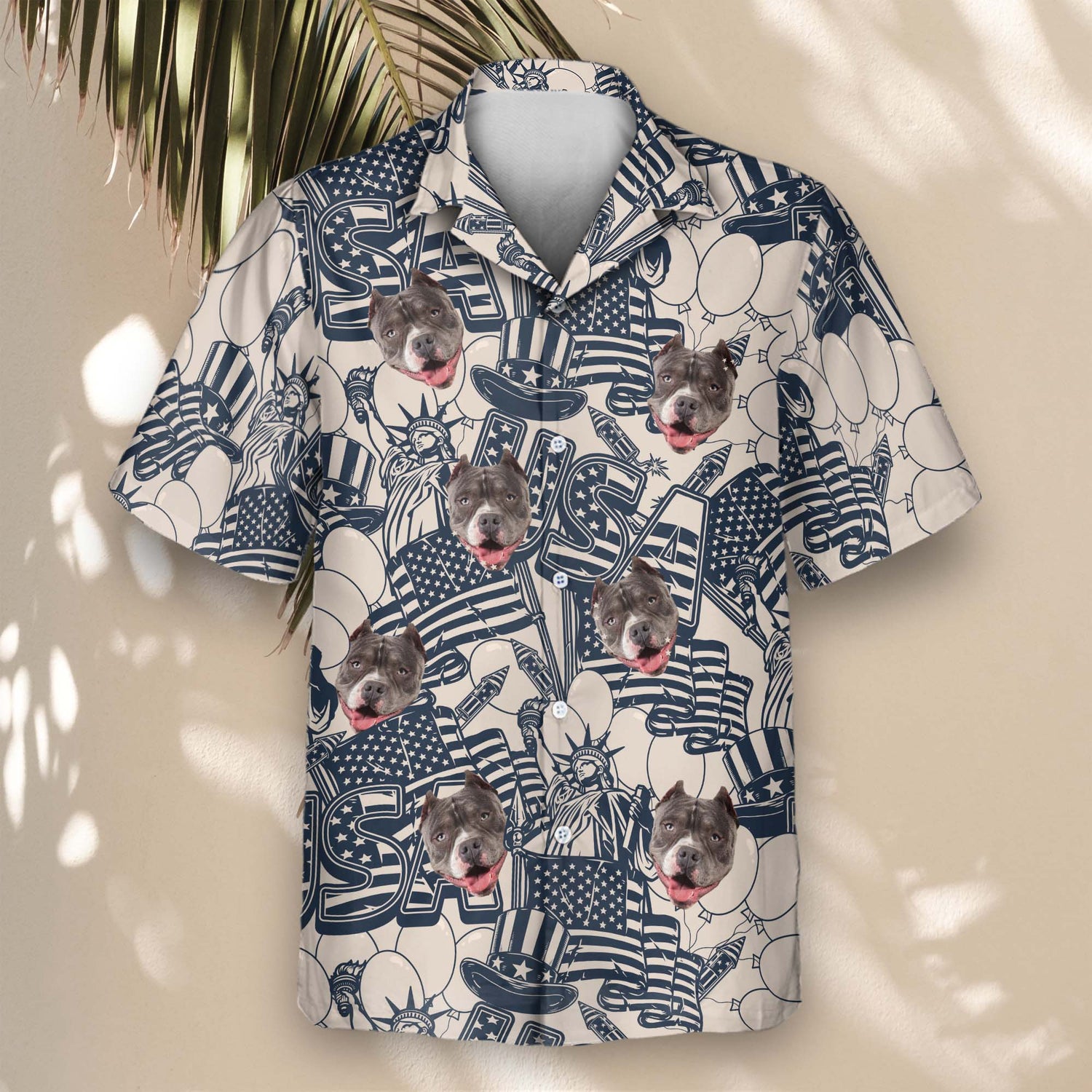 Classic custom Hawaiian shirts with faces on them, adorned with retro USA designs in navy and ivory, perfect for celebrating your patriotic spirit in comfort.