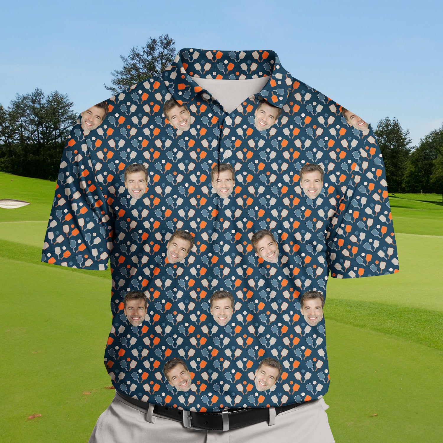 Team funny golf shirts with faces on them showcasing colorful designs.