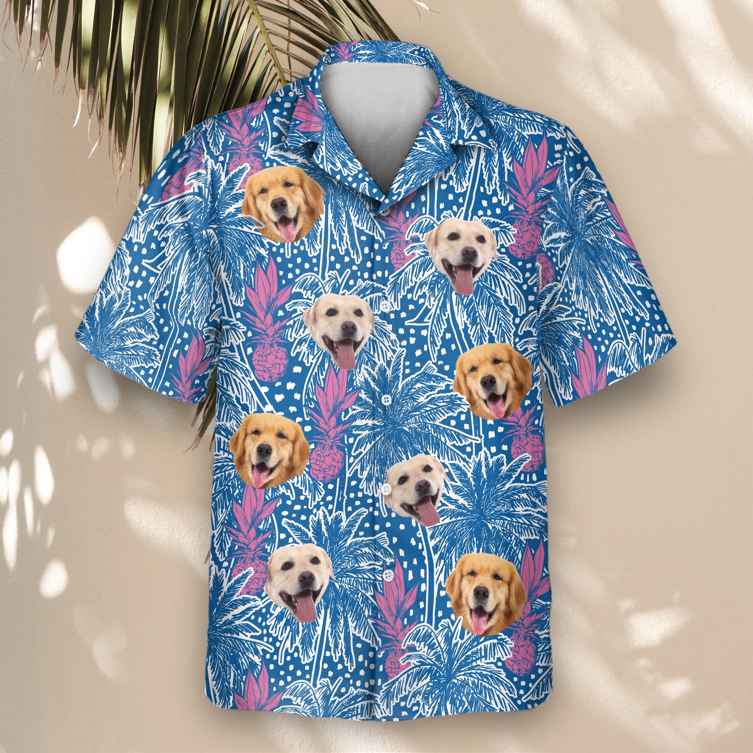 Tropical custom Hawaiian shirts with faces on them, adorned with palm trees, pineapples, and polka dots on a blue background, ideal for beach vibes and casual wear.