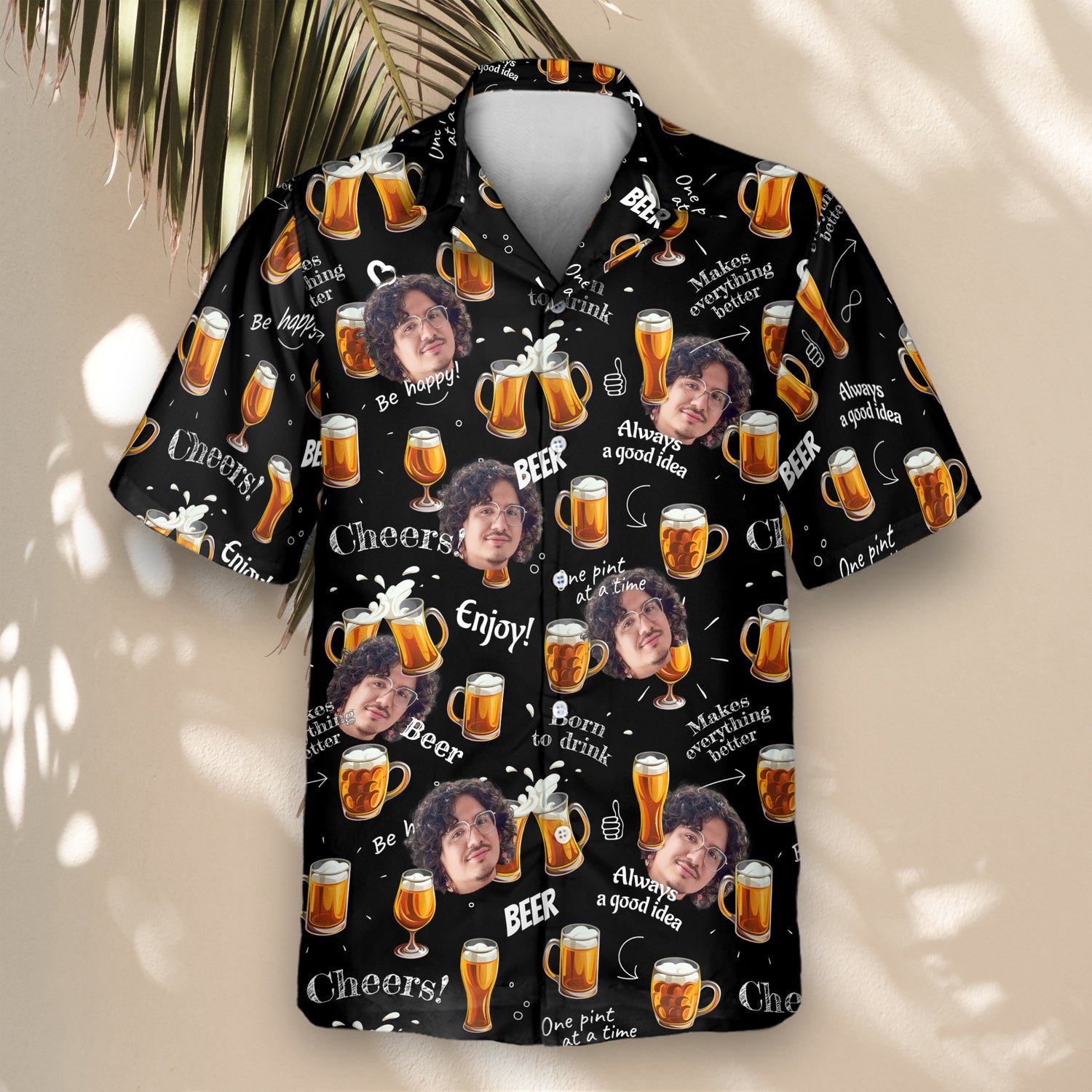 Fun custom Hawaiian shirts featuring bubbly beer mugs and shirts with faces on them, a perfect pick for celebrations and relaxed beach outings.