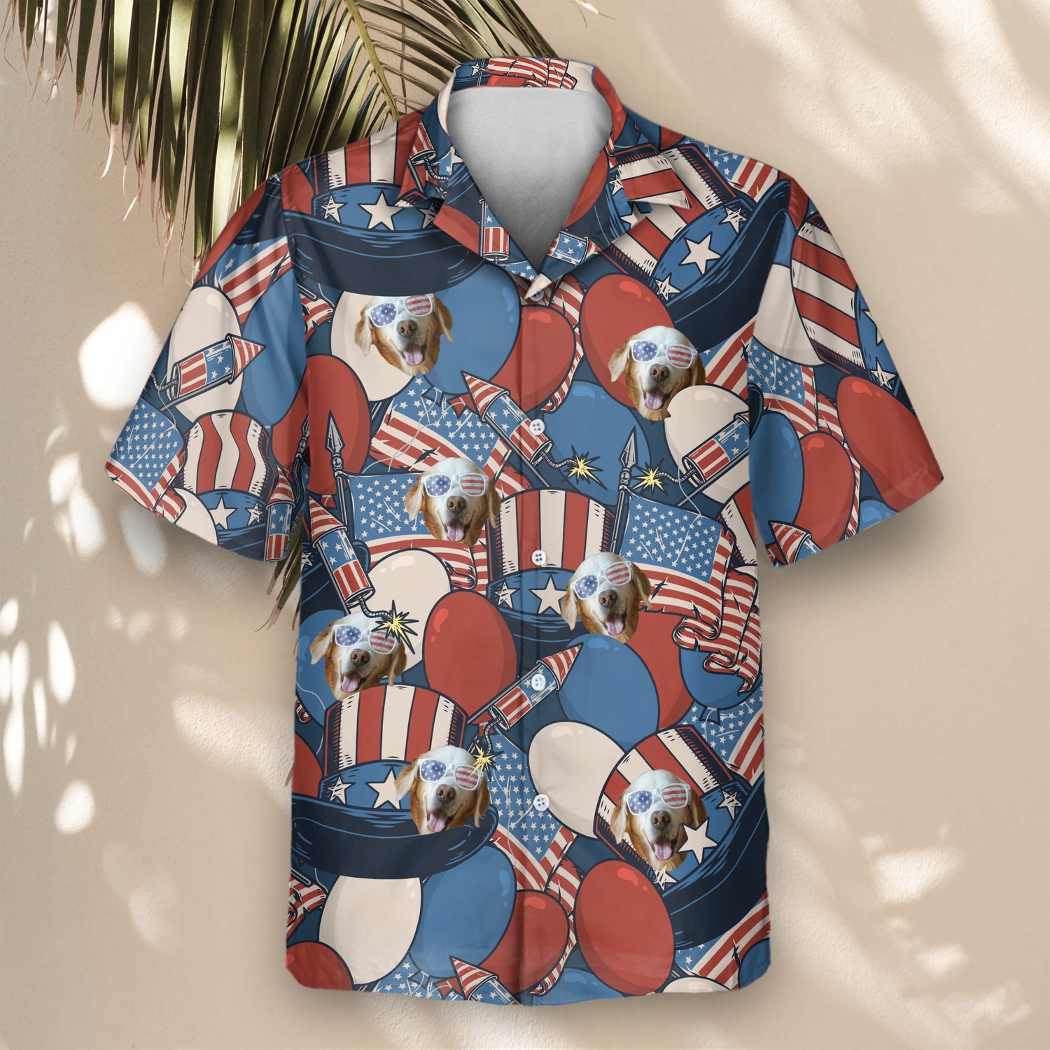 Fun custom Hawaiian shirts with faces on them, featuring retro American flag motifs, Lincoln hats, and bold red, white, and blue colors for a patriotic look.