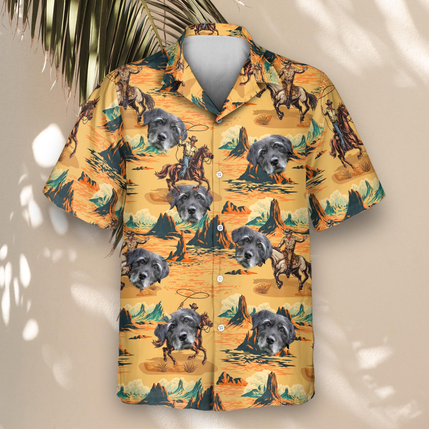 Fun custom Hawaiian shirts with faces on them, adorned with cowboys, horses, and Western landscapes, ideal for casual wear or themed events.