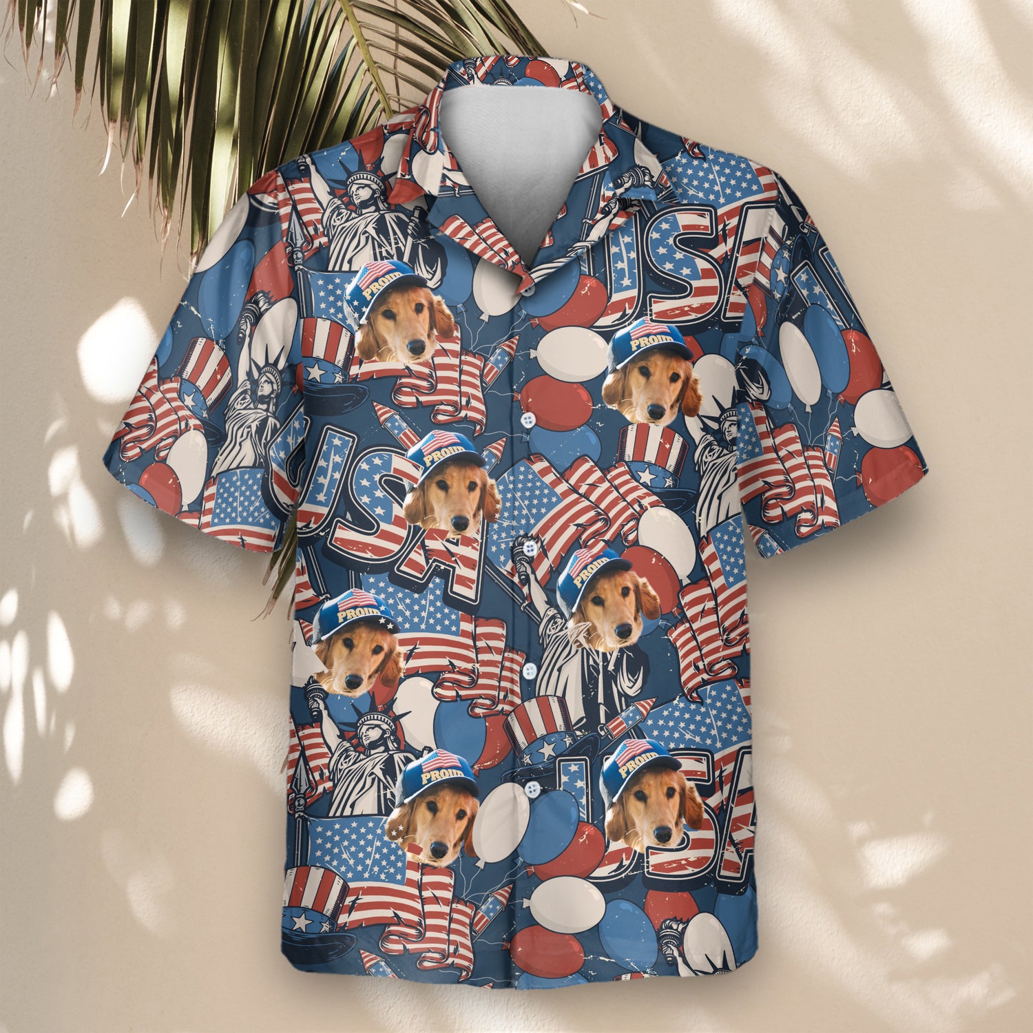 Celebrate Independence Day with custom Hawaiian shirts with faces on them, featuring retro USA flag designs, adding a patriotic touch to any event.