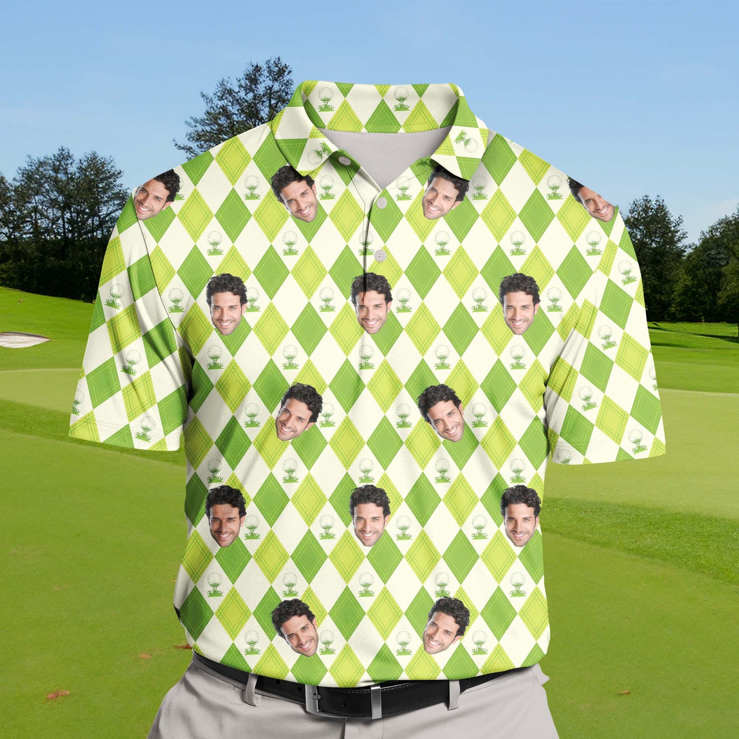 Breathable funny golf shirts with faces on them, UV 50 protection.