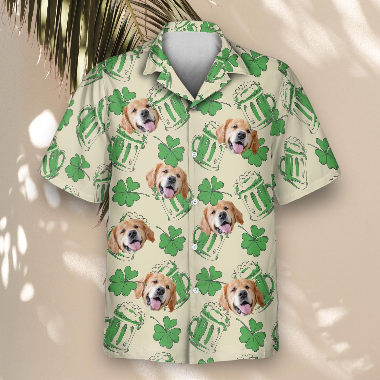 Celebrate in style with custom Hawaiian shirts with faces on them, showcasing shamrocks, clovers, and green patterns for a fun Saint Patrick's Day look.
