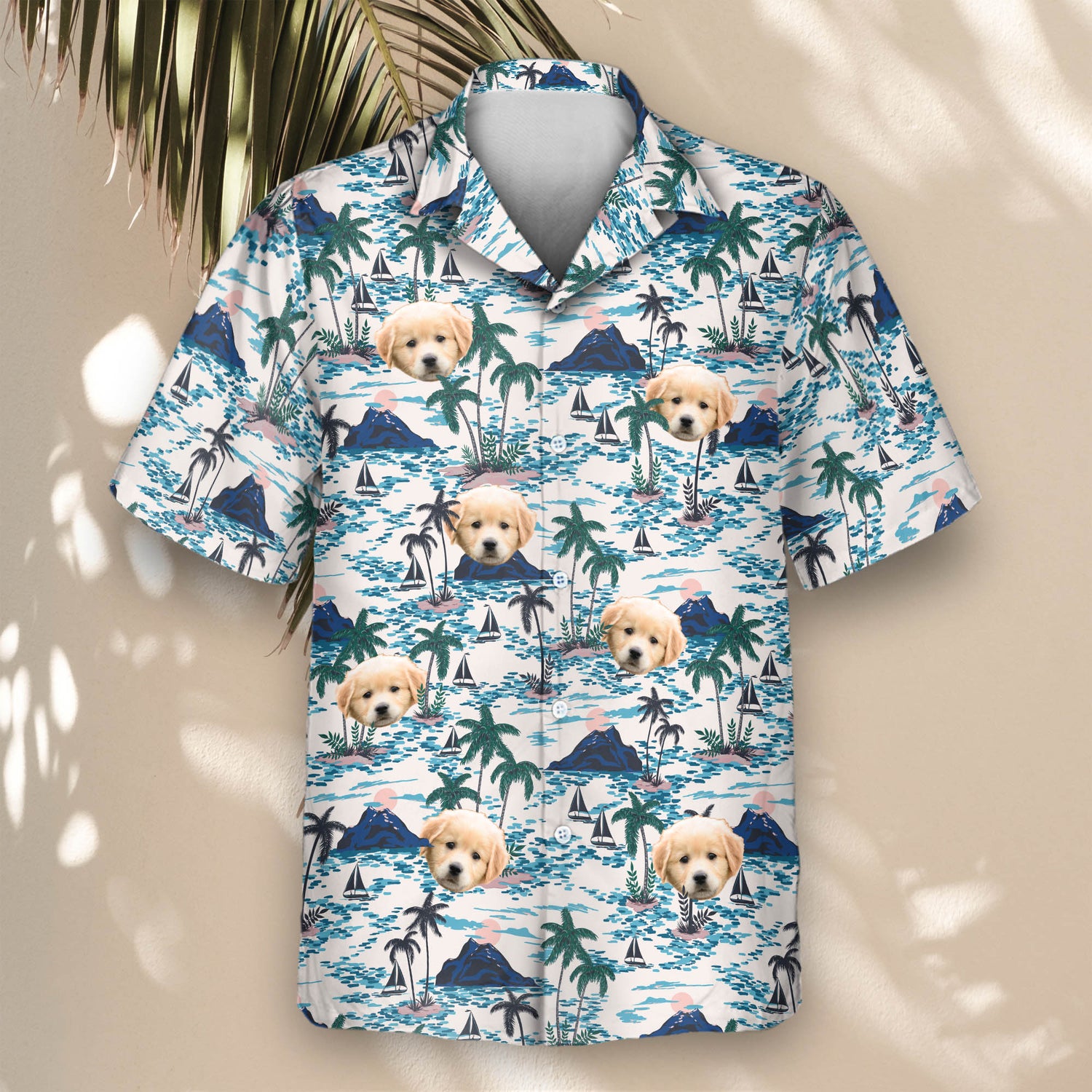 Sunset Sail Custom Hawaiian Shirts with Faces or Logos, perfect for summer, with a tropical sunset, palm trees, and boats on a retro-style shirt.