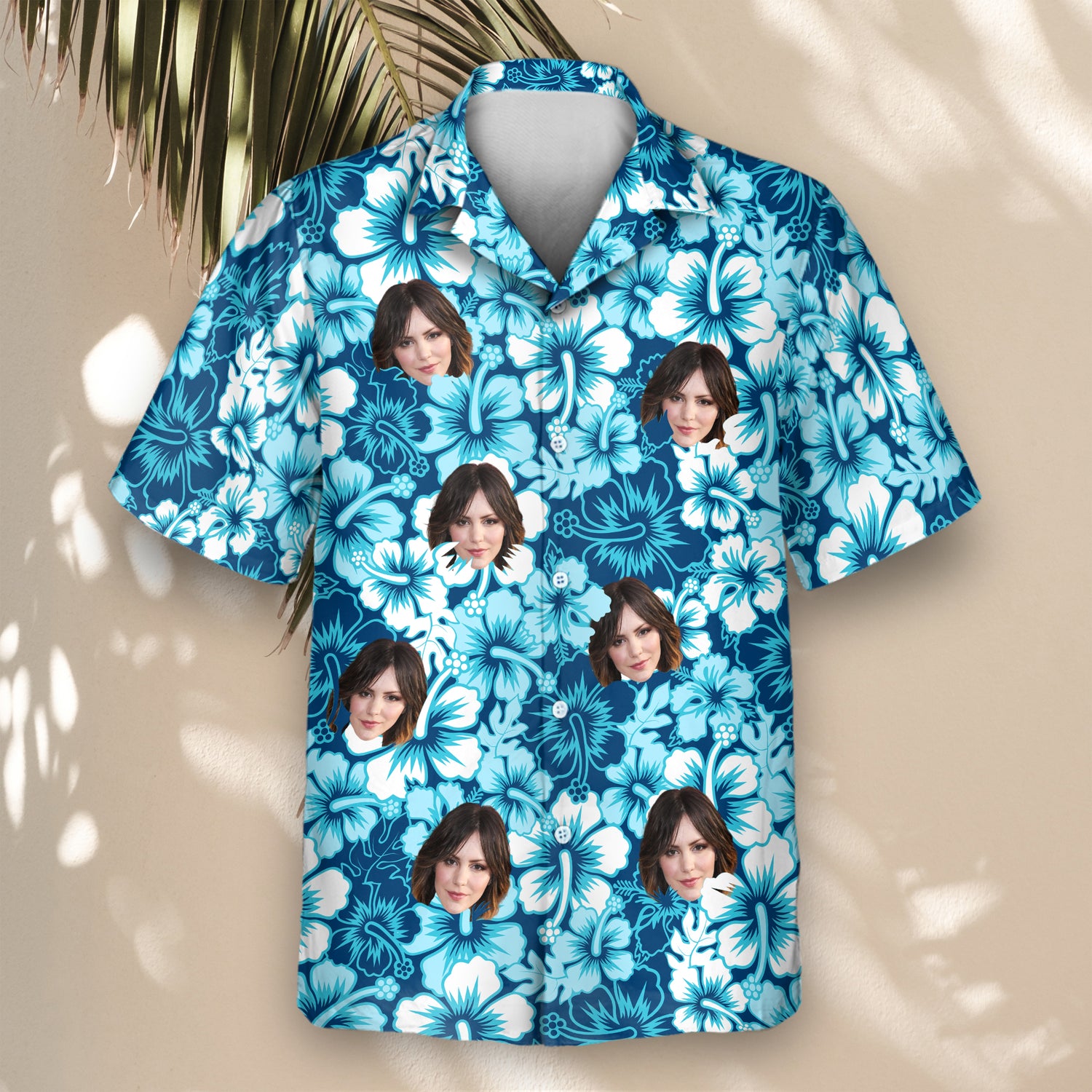 Custom Hawaiian shirts with faces on them, highlighting a surf floral hibiscus design in blue. Great for tropical style and casual beach outings.