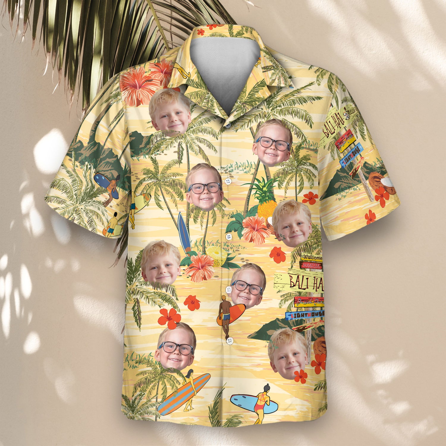 Custom Hawaiian shirts with faces on them, featuring a light yellow background with palm trees and surfers. Perfect for a fun, tropical beach-ready look.