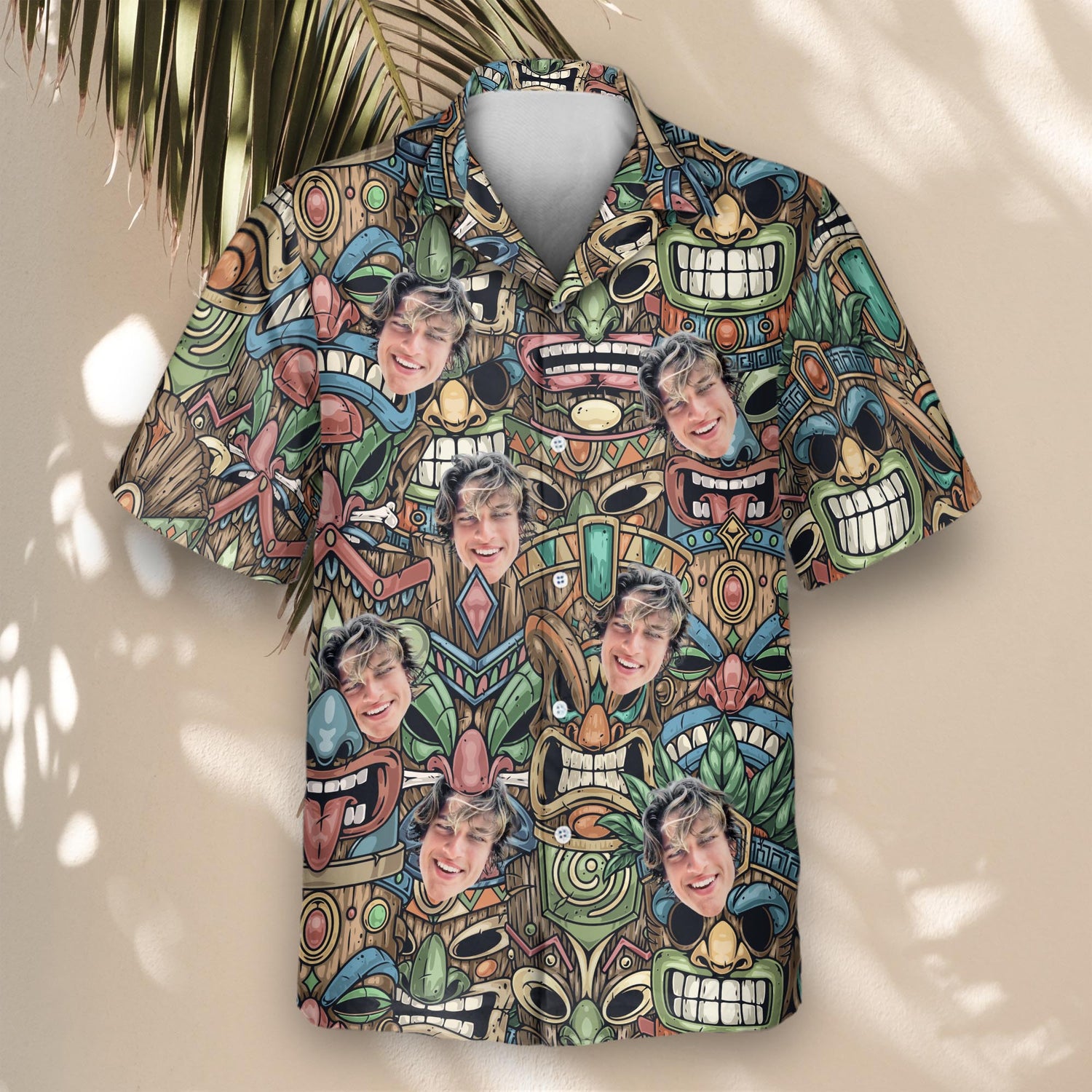 Vibrant custom Hawaiian shirts with faces on them, adorned with colorful Tiki masks, ideal for creating a fun, tropical vibe and standing out in style.