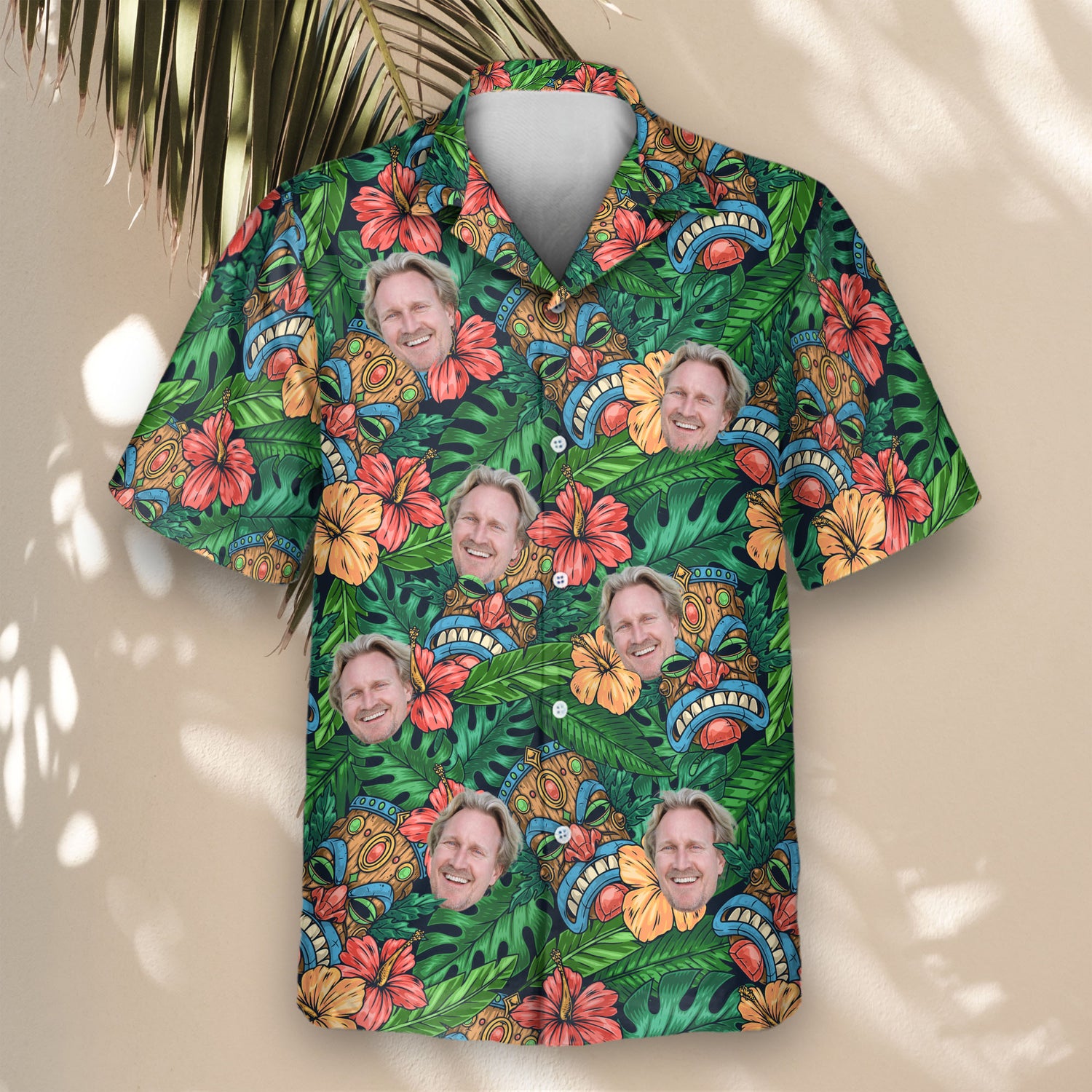 Tiki Paradise Warrior custom Hawaiian shirts feature striking tiki mask artwork, eye-catching shirts with faces on them for a bold tropical style.