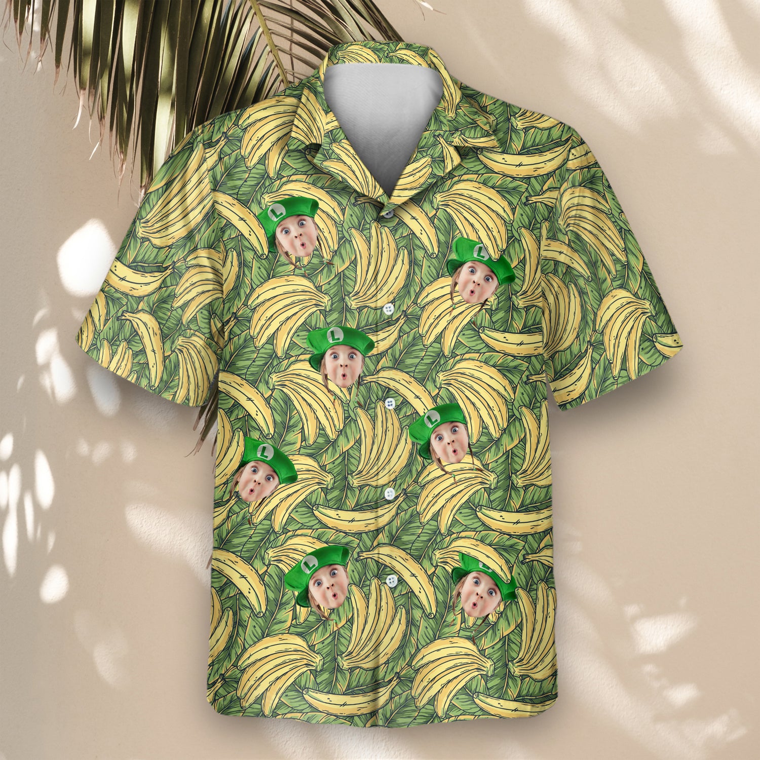 Bold and colorful custom Hawaiian shirts with banana prints and quirky expressions. These shirts with faces on them are perfect for vacation style.