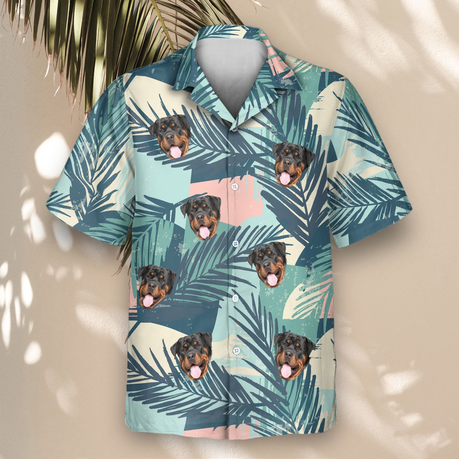 Custom Hawaiian shirts with vibrant color blocks and palm leaves. Personalize with faces on them for a fun, unique tropical twist on any occasion.