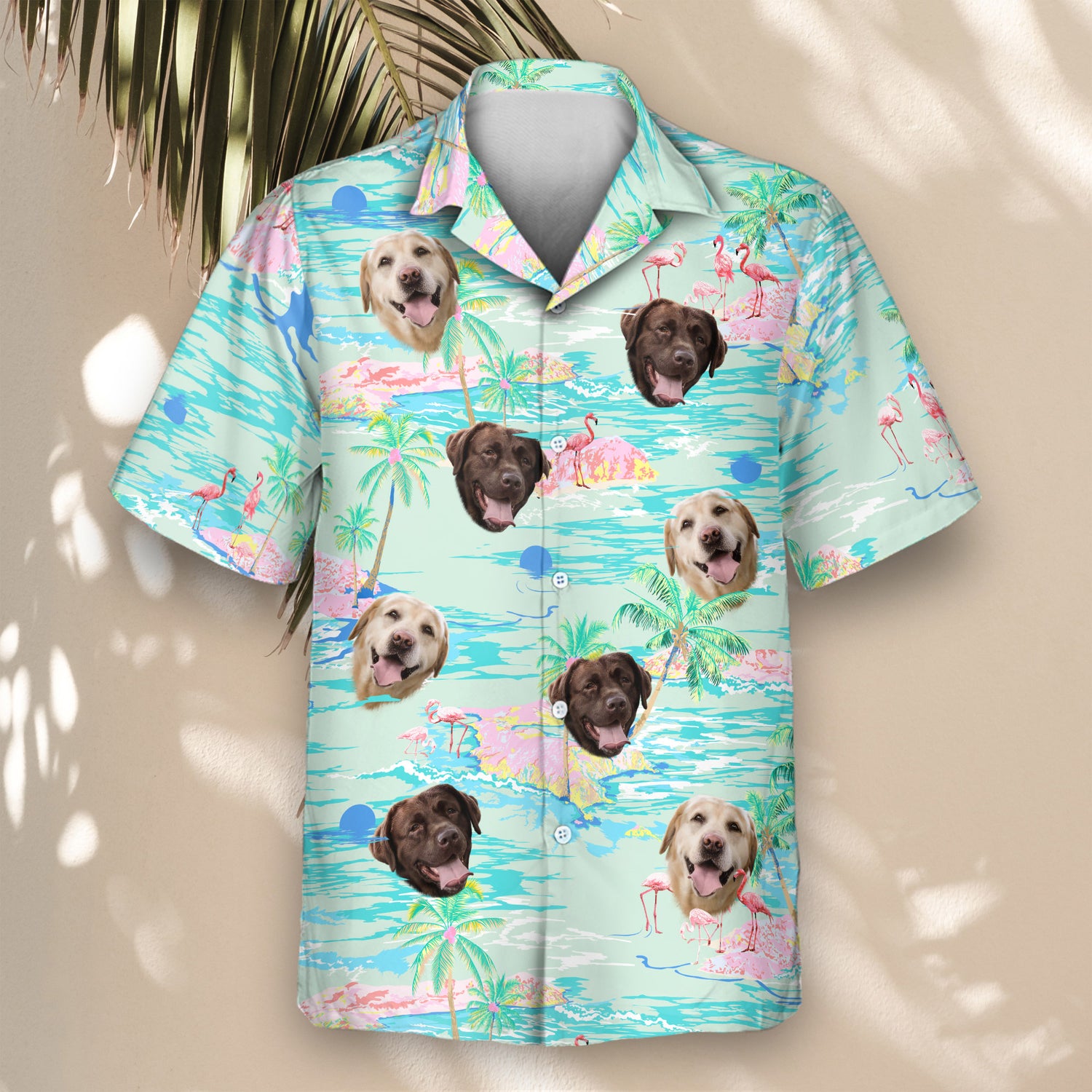 Custom Hawaiian shirts showcasing flamingos and island vibes. Personalize with faces on them for a fun, stylish look ideal for tropical vacations."
