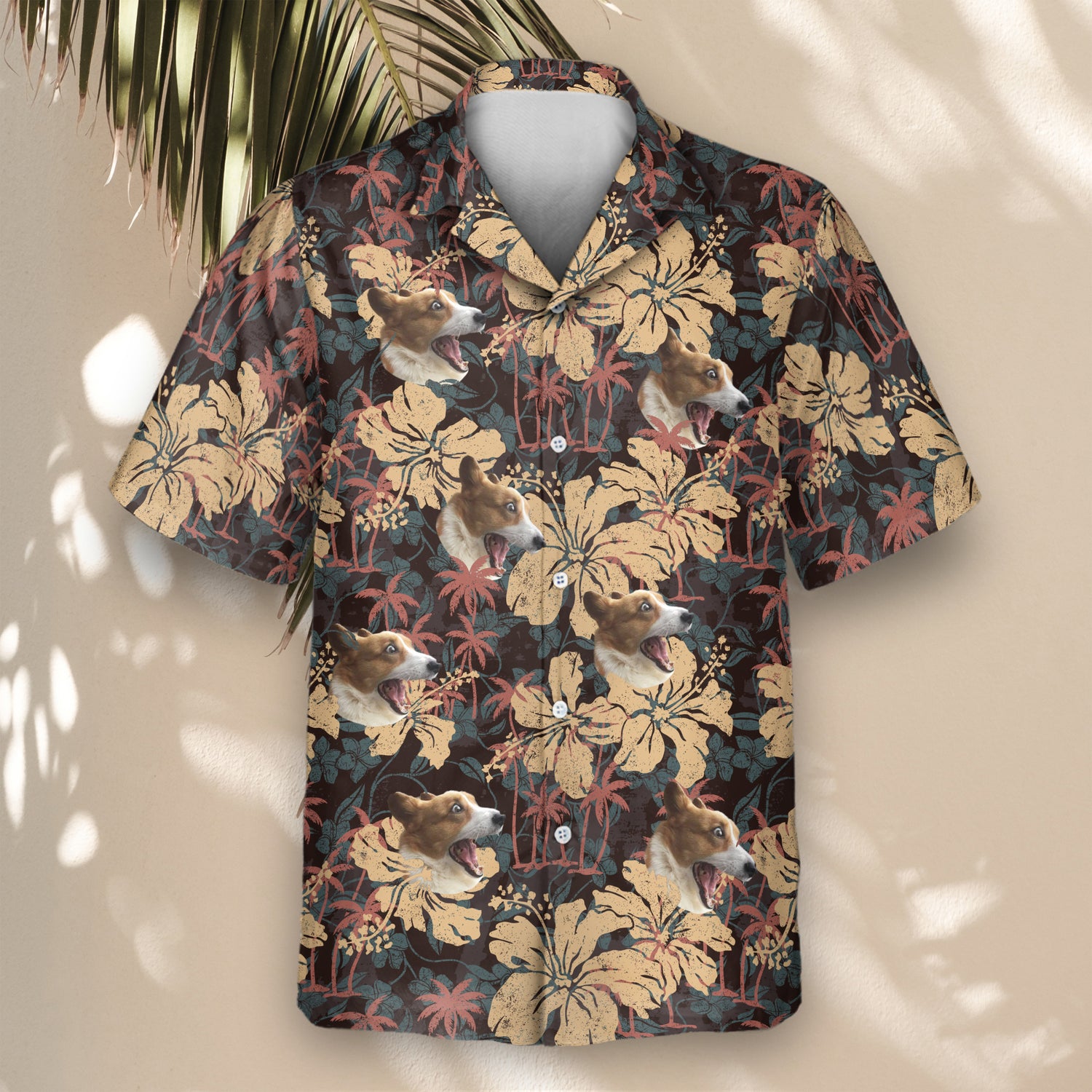 Custom Hawaiian shirts showcasing hibiscus and palm trees with a cool grunge texture. Personalize with faces on them for a fun look perfect for any event.